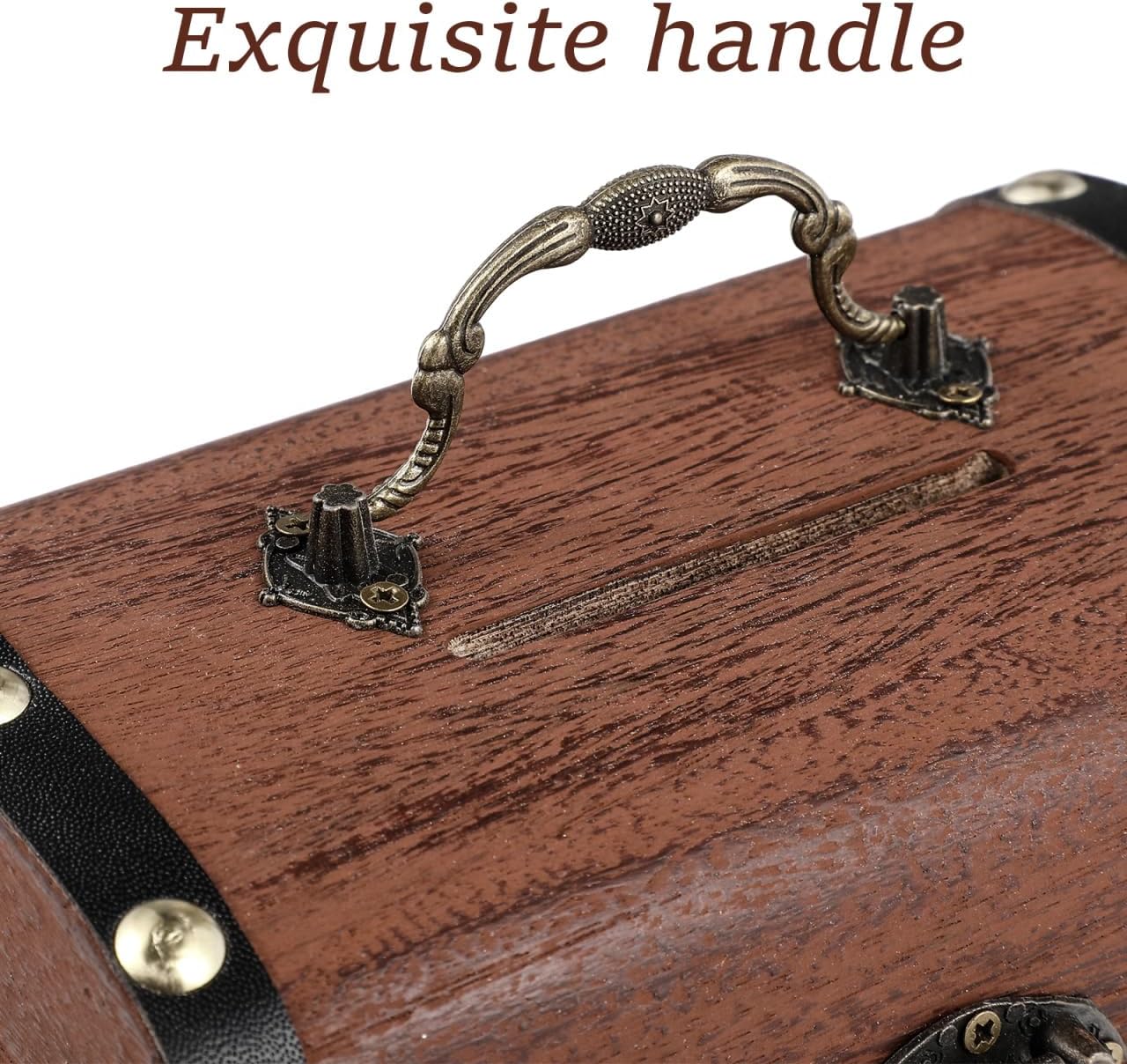 Vintage Wooden Treasure Box with Lock and Key 5.70X3.93X3.93In Small Piggy Bank Organizer for Coins Jewelry Home Decor Gift