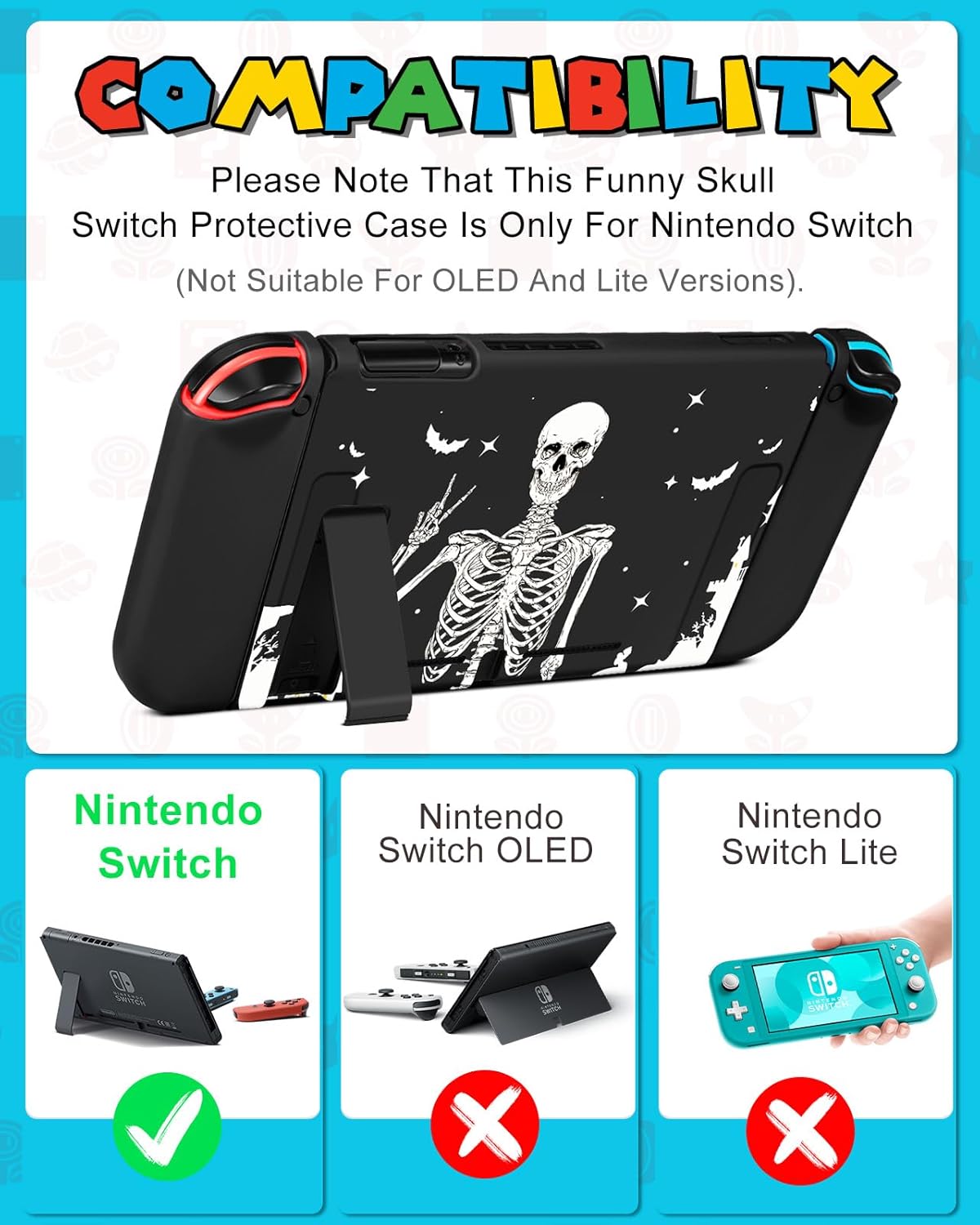 9in1 Skull Skeleton Switch Case for Nintendo Switch Carrying Cases & Storage Accessories Bundle Kit Thumb Grips+Game Holder+Dockable Skin+Shoulder Strap+Sticker for Switch Travel Pouch Bag - Image 2