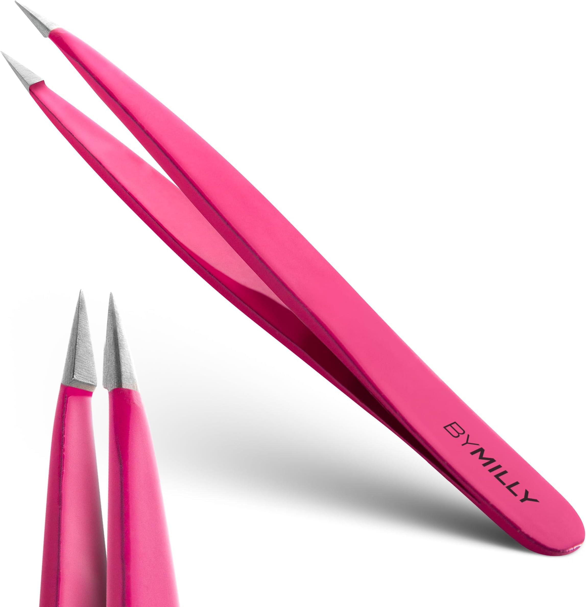 Pointed Tweezers - High Carbon Stainless Steel, Point-Tip Precision Tweezers for Ingrown Hair, Eyebrows, Facial Hair, Splinters, Glass Removal - Perfectly Aligned, Hand-Filed - Pink