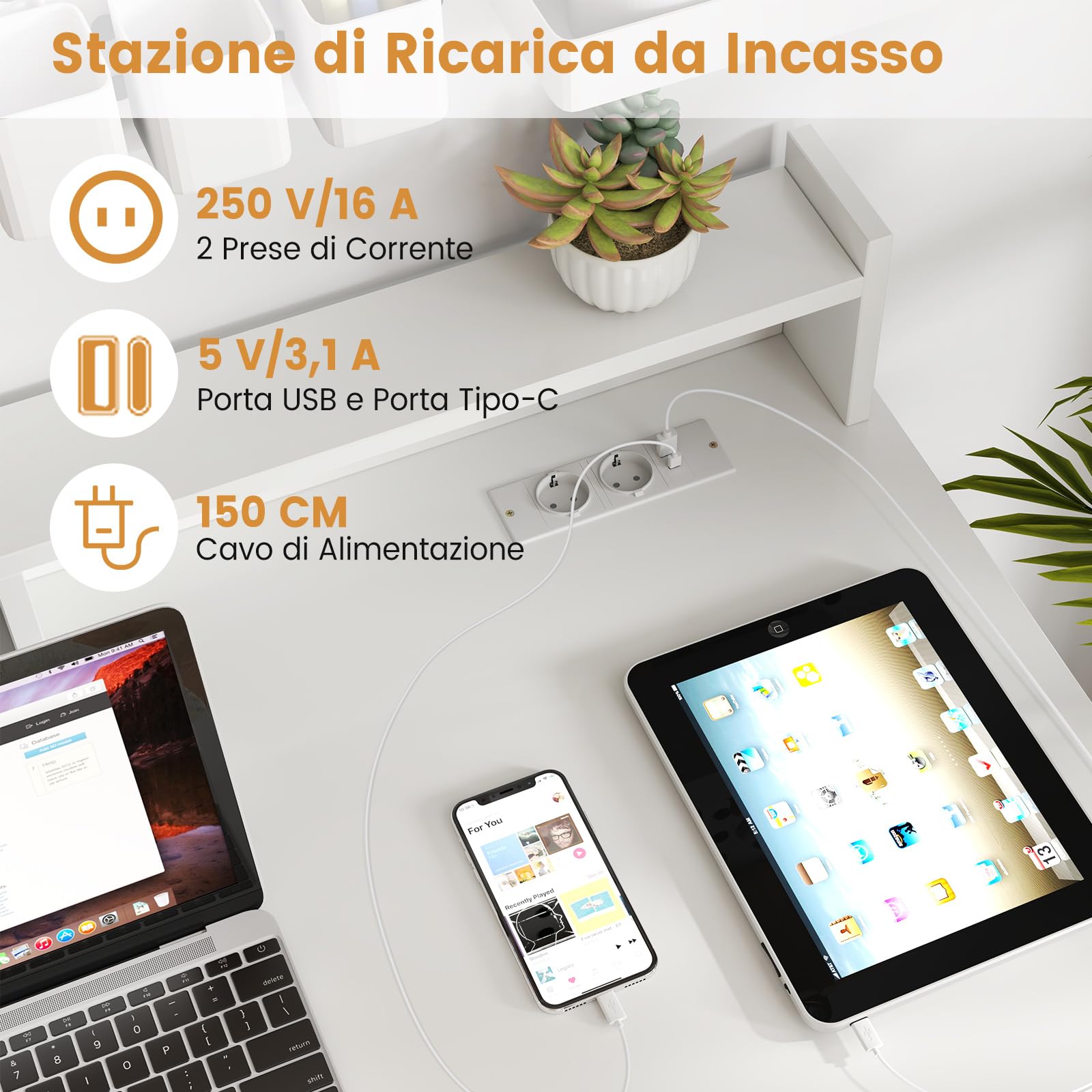 GYMAX Scrivania per Computer con Stazione di Ricarica, USB/Type-c, Tavolo da Studio PC, Ripiani e Cassetto, Foro per Gestione Cavi, Moderno per Camera da Letto, Soggiorno, 105 x 55 x 89 cm, Bianco