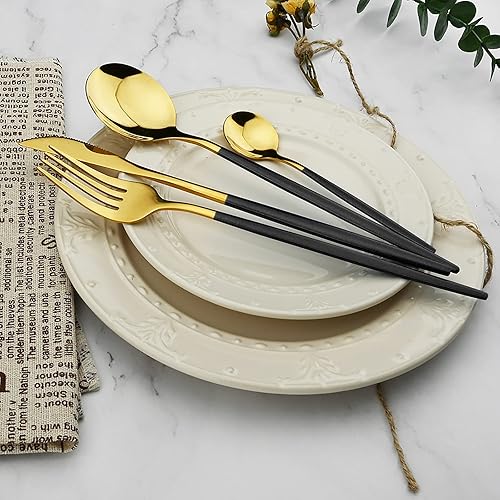 Miniatura 7 de Vajilla de 36 piezas de cubiertos de acero inoxidable 180 pulidos con espejo pulido con mango negro, juego de cubiertos de acero inoxidable 180 para