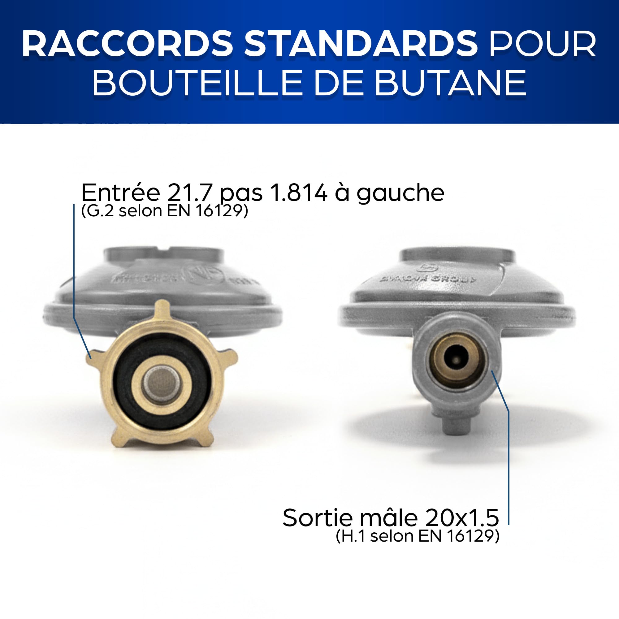 Générique Détendeur Gaz Butane 28 mbar Sécurité Limiteur Débit – Raccord Fileté G.2 Bouteille 13 kg – Sortie Mâle 20x150 – pour Réchaud, Gazinière, Chauffage – Conforme Norme NF en 16129 - 5