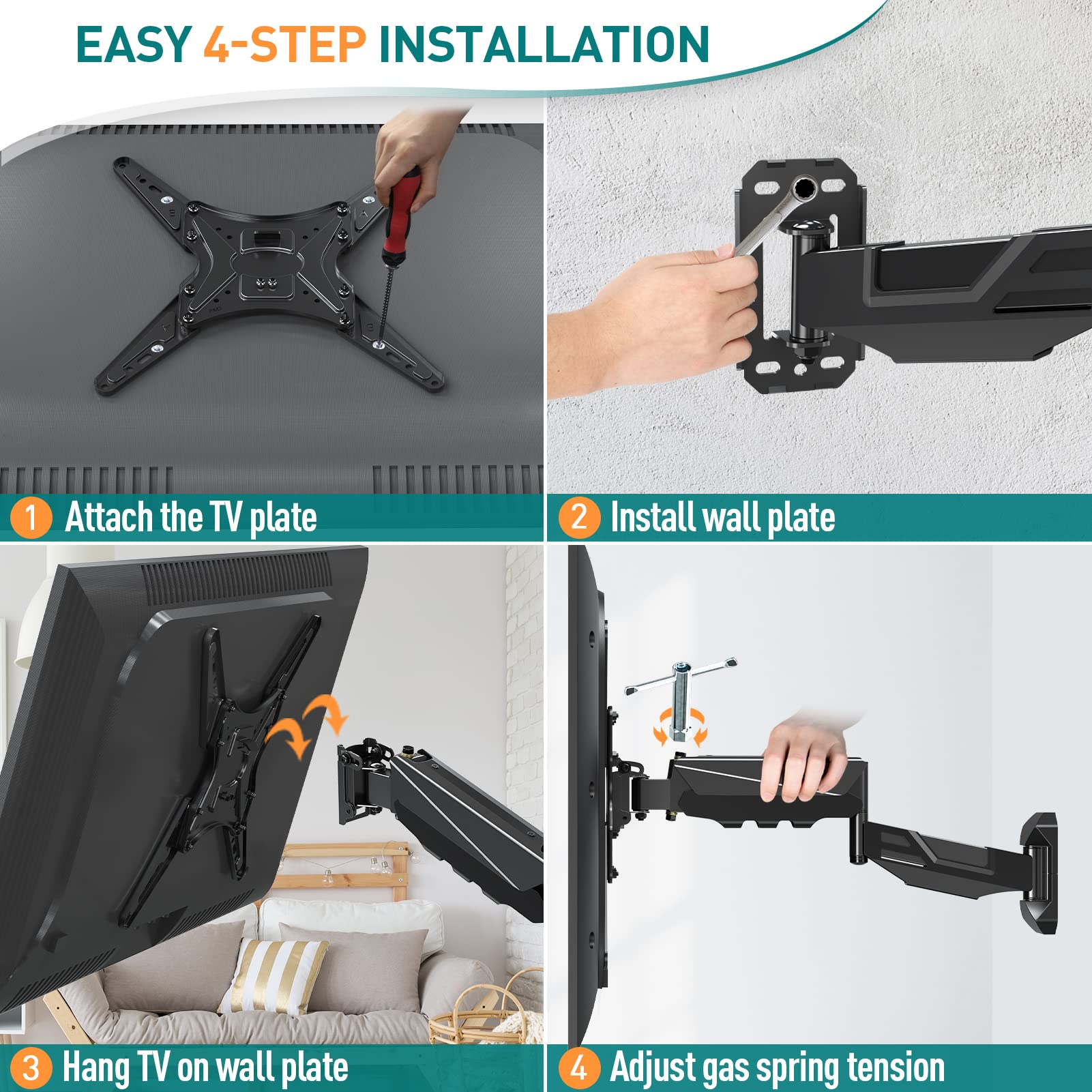 ELIVED Support mural réglable en hauteur pour la plupart des téléviseurs LED, LCD, OLED plats ou incurvés de 23 à 55" avec VESA 100 x 100 mm-400 x 400 mm jusqu'à 25 kg, support d'angle à mouvement