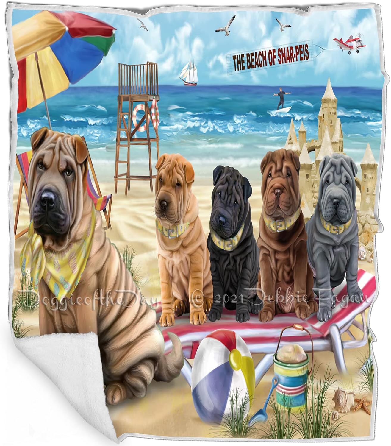 Pet Friendly Beach Shar Pei Dogs Blanket - Lightweight Super Soft Cozy and Durable Bed Blanket - Animal Theme Fuzzy Blanket for Sofa Bed Couch BLNKT55046 (30x40 Fleece)