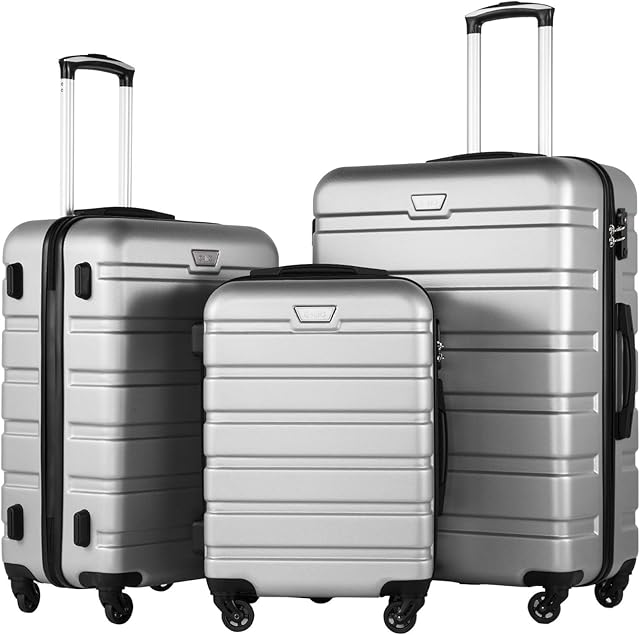 COOLIFE Suitcase Trolley Carry On Hand Cabin Luggage Hard Shell Travel Bag Lightweight with TSA Lock and 2 Year Warranty Durable 4 Spinner Wheels (3 Pcs Set, Sliver)