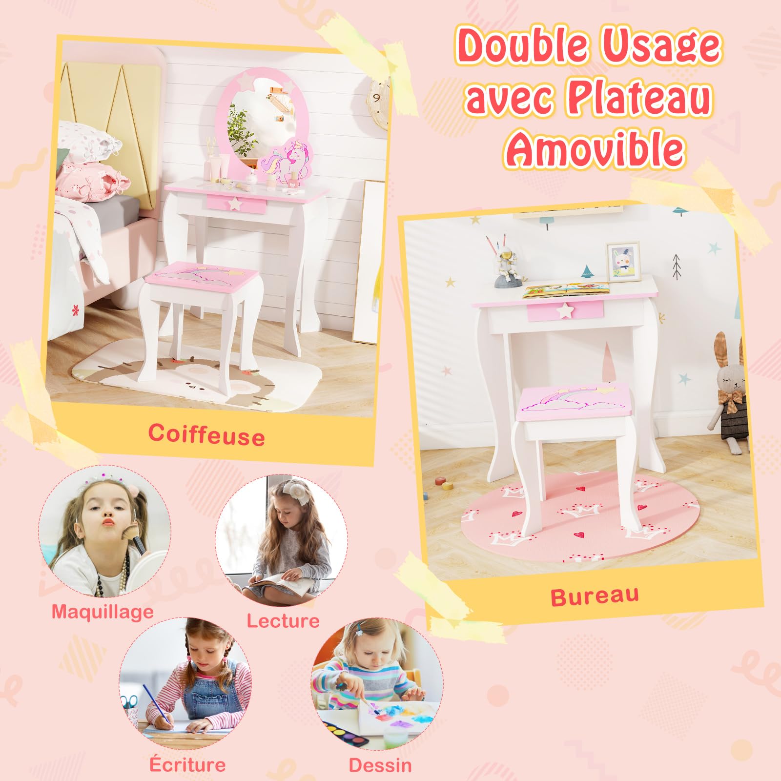 Coiffeuse Enfant Licorne GOPLUS - Avec Tabouret Et Miroir 49x34cm