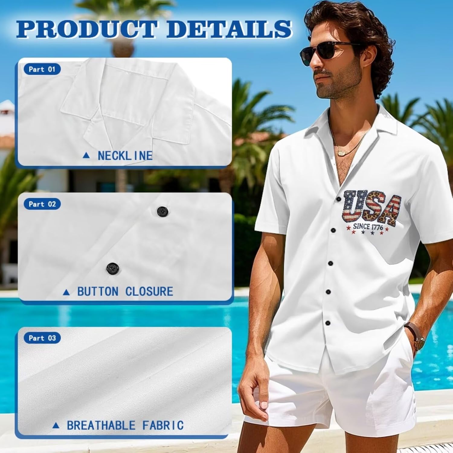 Mens 250th Anniversary Patriotic Set, USA 250 Years Button Down Shirts & Baseball Cap for 4th of July Parade