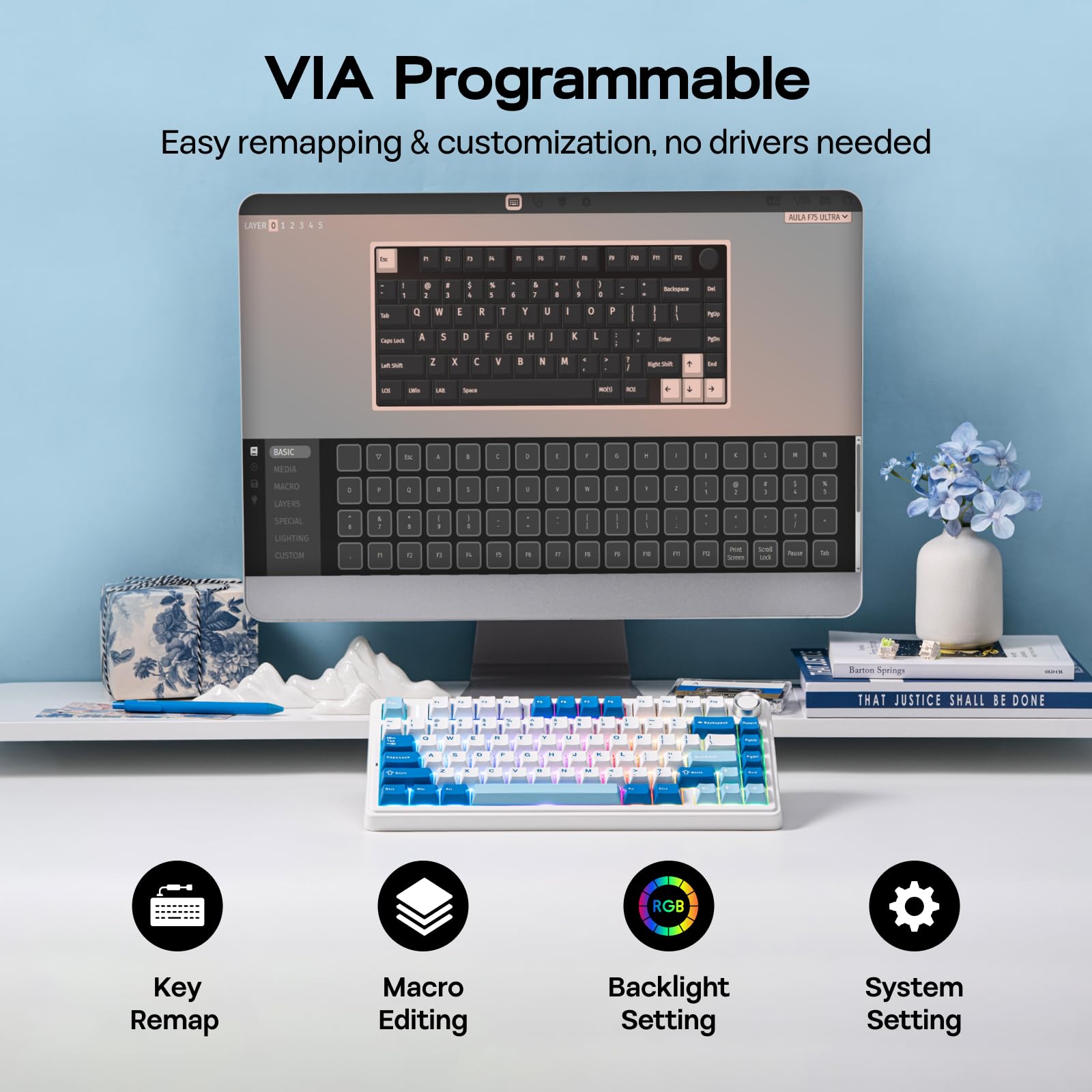 EPOMAKER Aula F75 Ultra Teclado Gaming Mecánico con Via Programable, Azul | Inalámbrico, 10000mAh, Perilla, Hot-Swap, Gasket, Luz RGB, BT/2.4GHz/Type-C, para PC y Mac, Reaper Switch