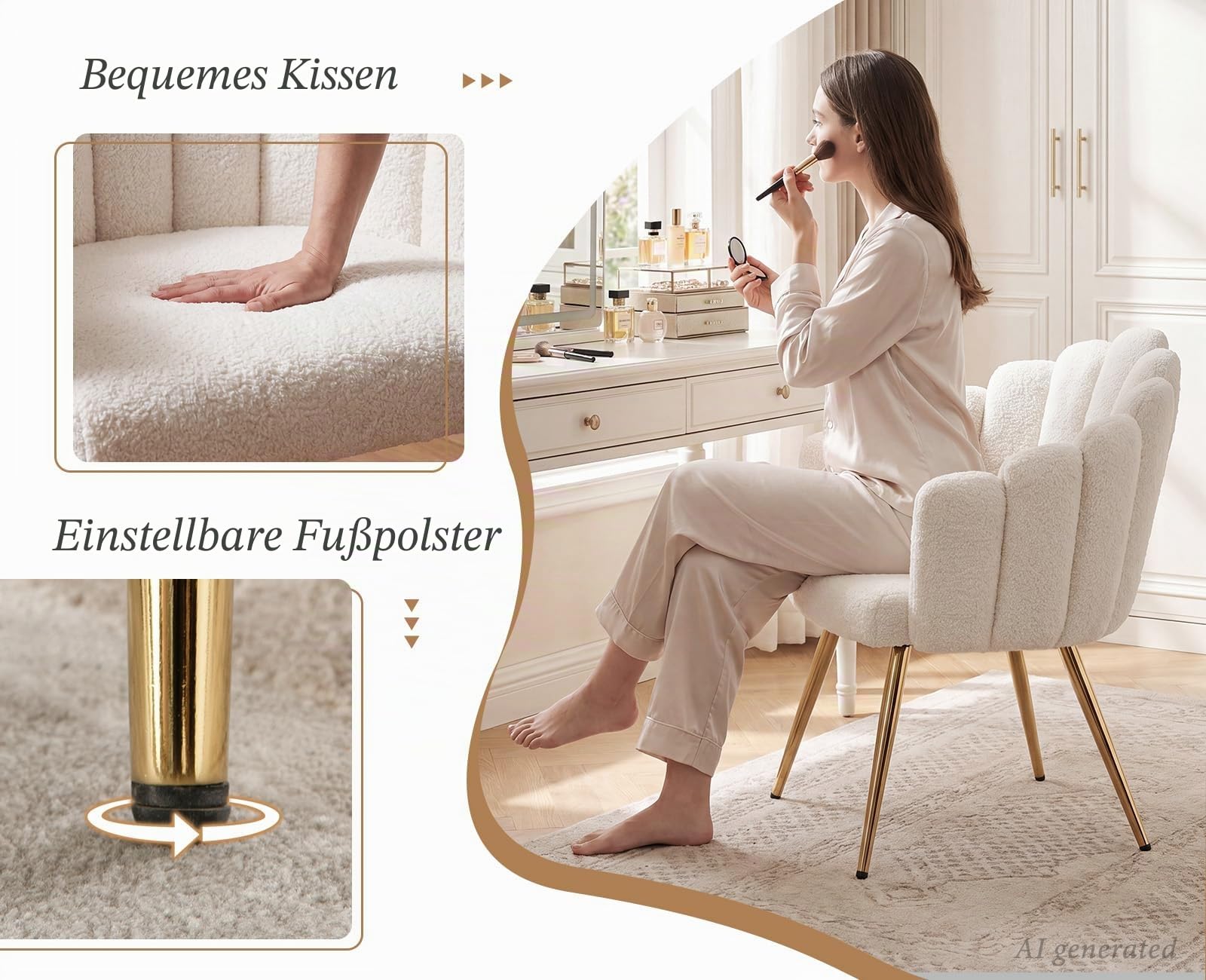 chairus Kunstfell Armlehnensessel für Wohnzimmer Modern Polsterstuhl mit Metallbeinen Relaxsessel für Schlafzimmer Balkon (Weiß)