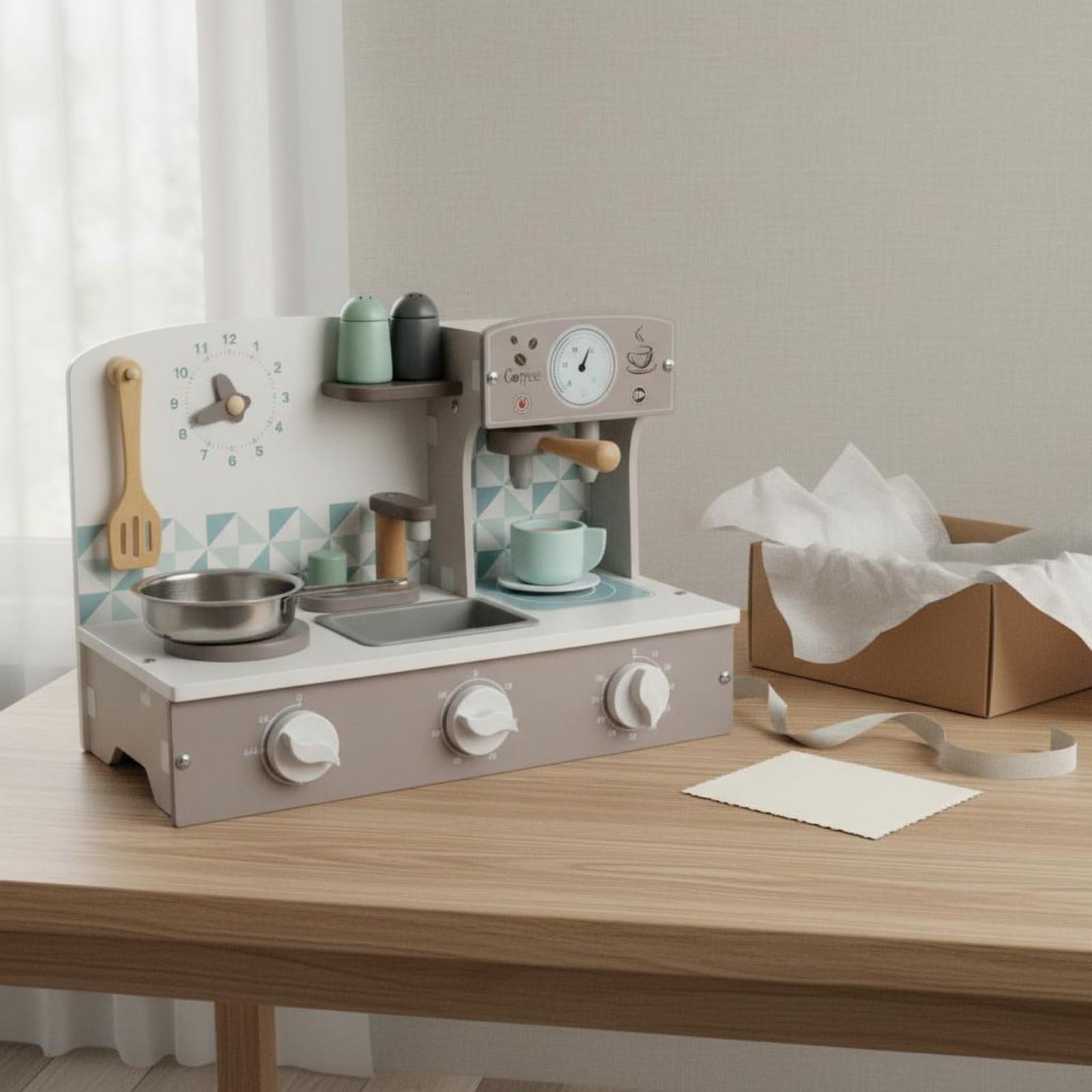 Children Play Kitchen Cocina de rol Cafetera de Juguete de Repostería Reloj Lúdico Tablero Estable de Madera y Metal Adecuado para Niños 4–6 Años Actividades en Casa Preescolar