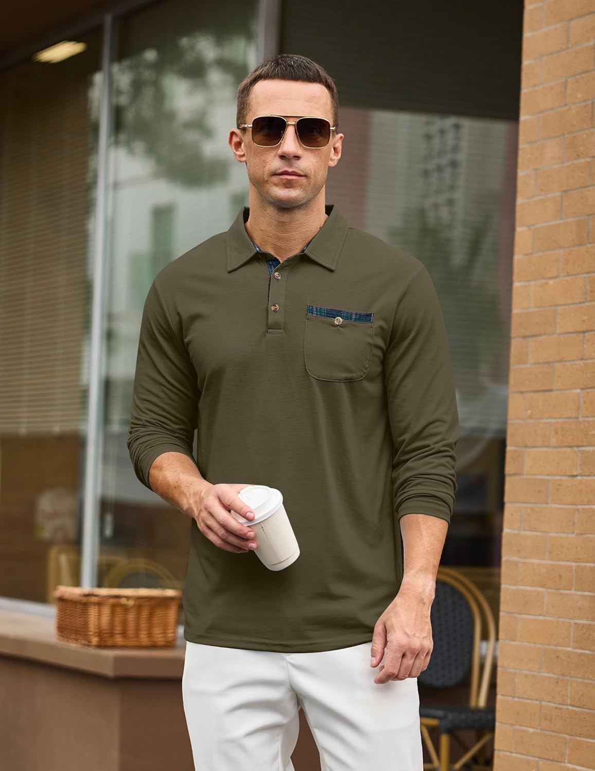 Mens Athletic Long Sleeve Polo Shirts Classic Lightweight Button Collared Stylish Tops with Pocket - Image 3