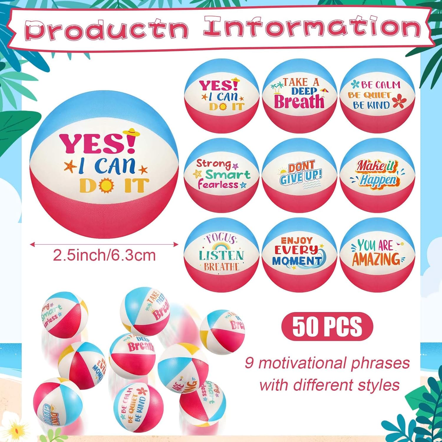 Blulu 50 Pcs Mini Beach Stress Balls with Motivational Quotes 2.5" Foam Bulk Rainbow Squeeze Sports Toys with Storage Bag for Hawaiian Beach Party Favors Birthday Gifts Rewards