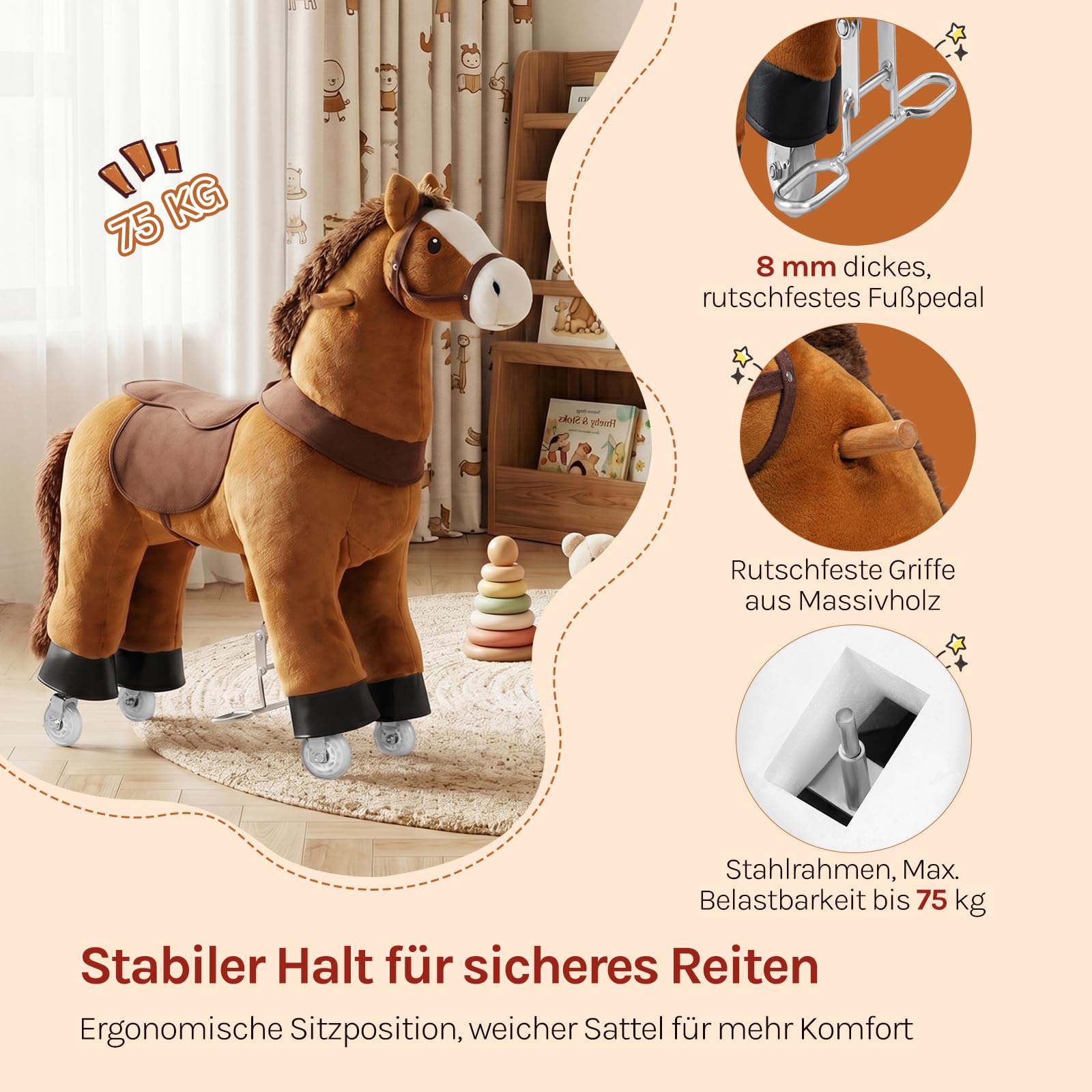 WOLTU Reitpferd für Kinder ab 4 Jahren, Plüschpferd auf Rollen mit Soundfunktion, Stehpferd aus Holz und Metall, Spielpferd zum Reiten, Kinderpferd für drinnen und draußen, Braun