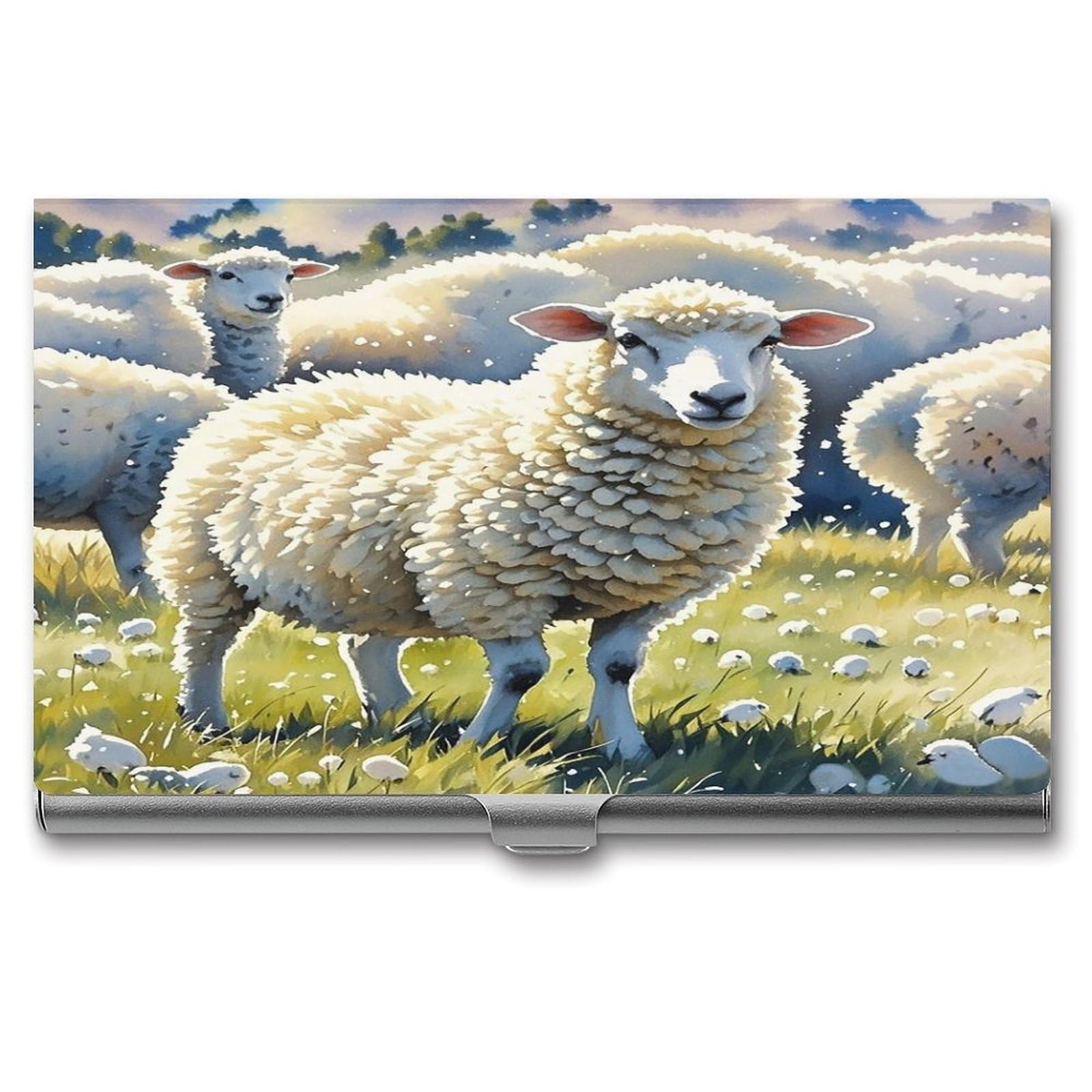 FekiLoot Sheeps Watercolor Business Card Holder for Men Women Metal Slim Organizer Business Card Carrier Wallet Name Cards Holder Retro Slim Pocket Purse Small Portable Card Case