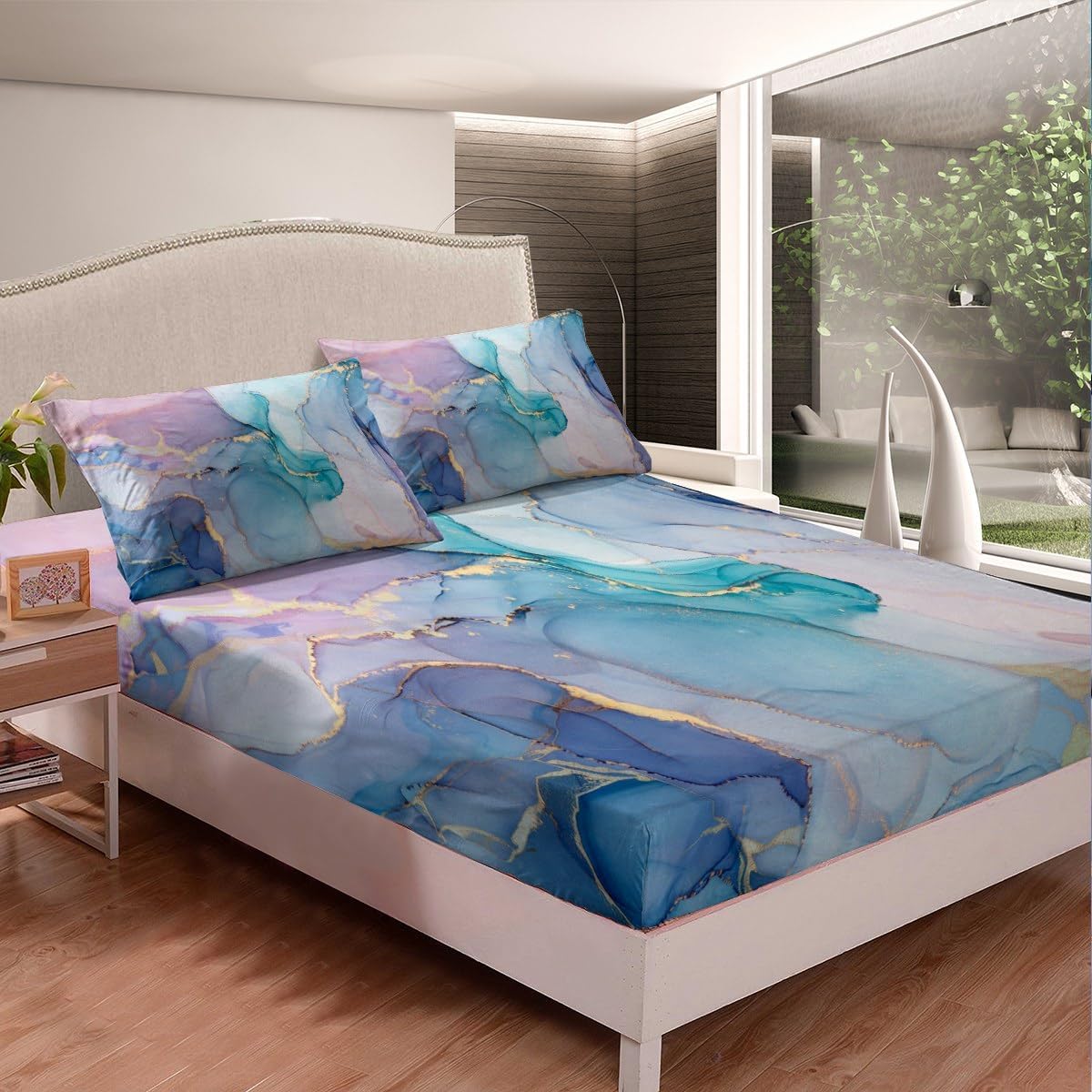 Erosebridal Pink Blue Golden Bed Sheets Set Full,Colorful Marble Sheet Set for Youth,Glitter Marbling Texture Sheets,Watercolor Flat Fitted Sheet with 2 Pillowcases Home Room Decor
