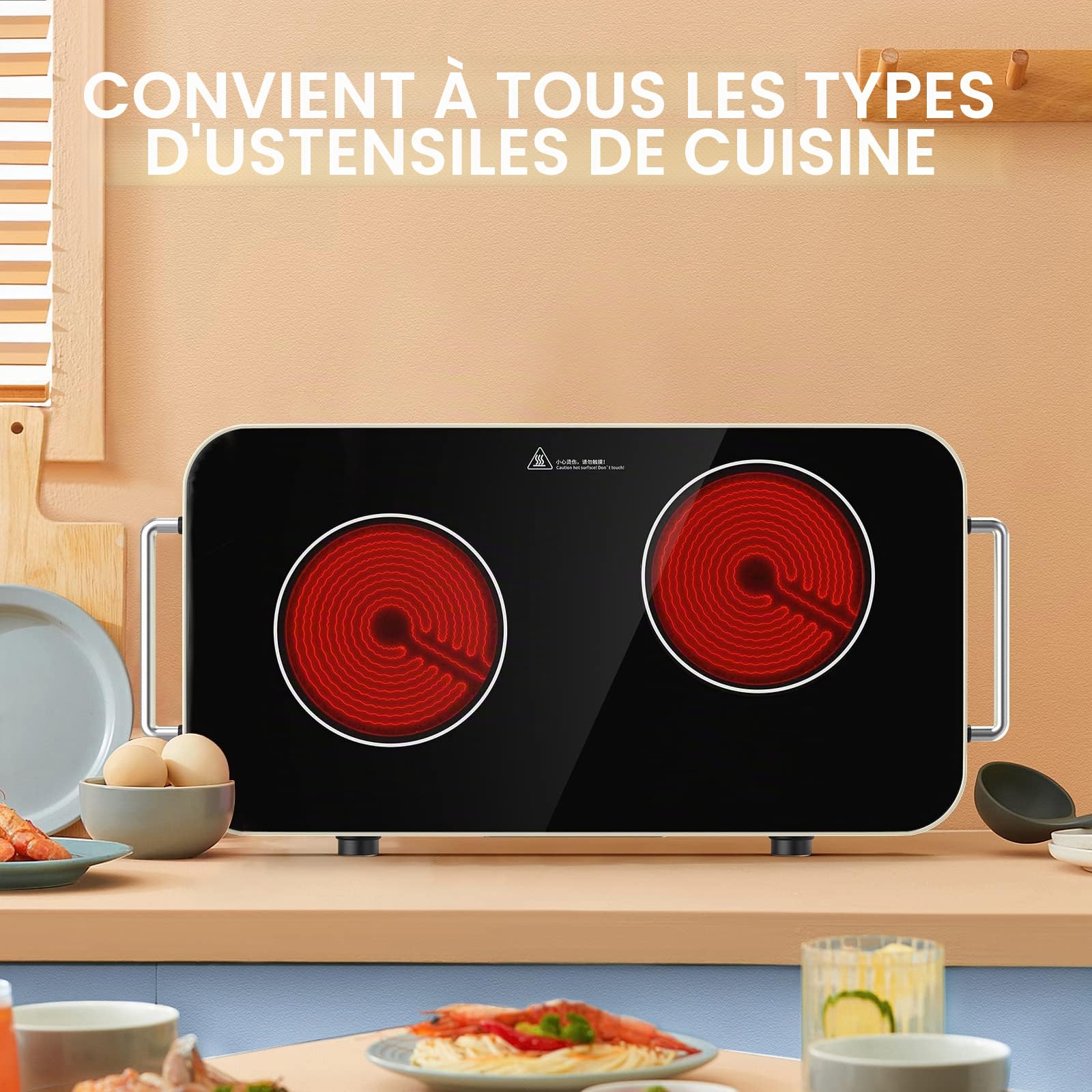 Plaque Vitrocéramique 2 Feux 2200W, Plaque de Cuisson Électrique 48 cm avec 9 Températures et Niveaux de Puissance & Minuterie - Réchaud Électrique Portable Pour Camping-car, Chambre, Randonnée