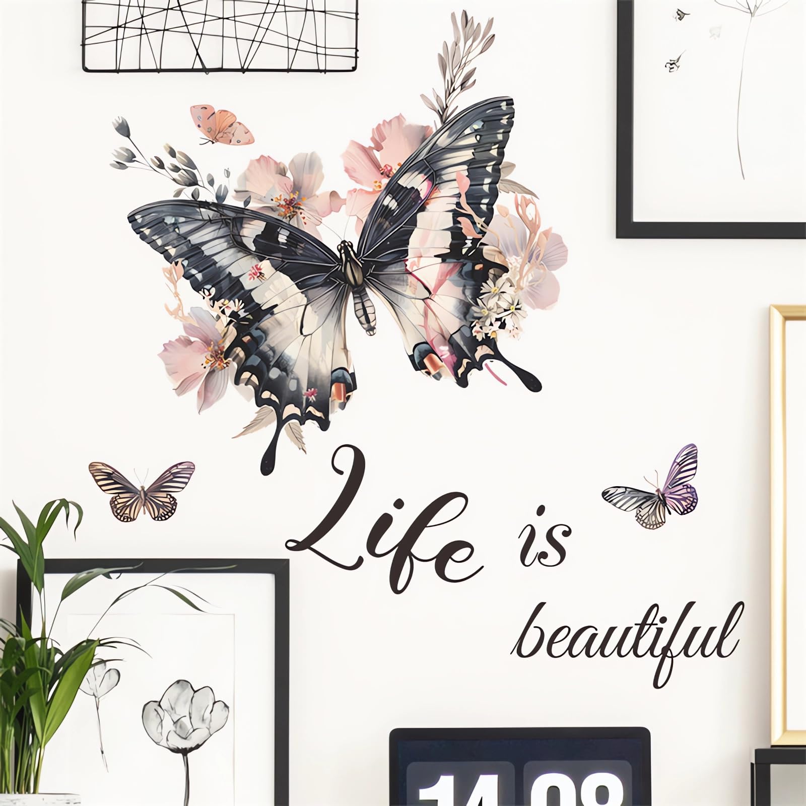 Calcomanías de pared personalizadas de mariposa negra, calcomanías de pared con diseño de mariposas «Life is Beautiful», vinilo extraíble para despegar y pegar para sala de estar,