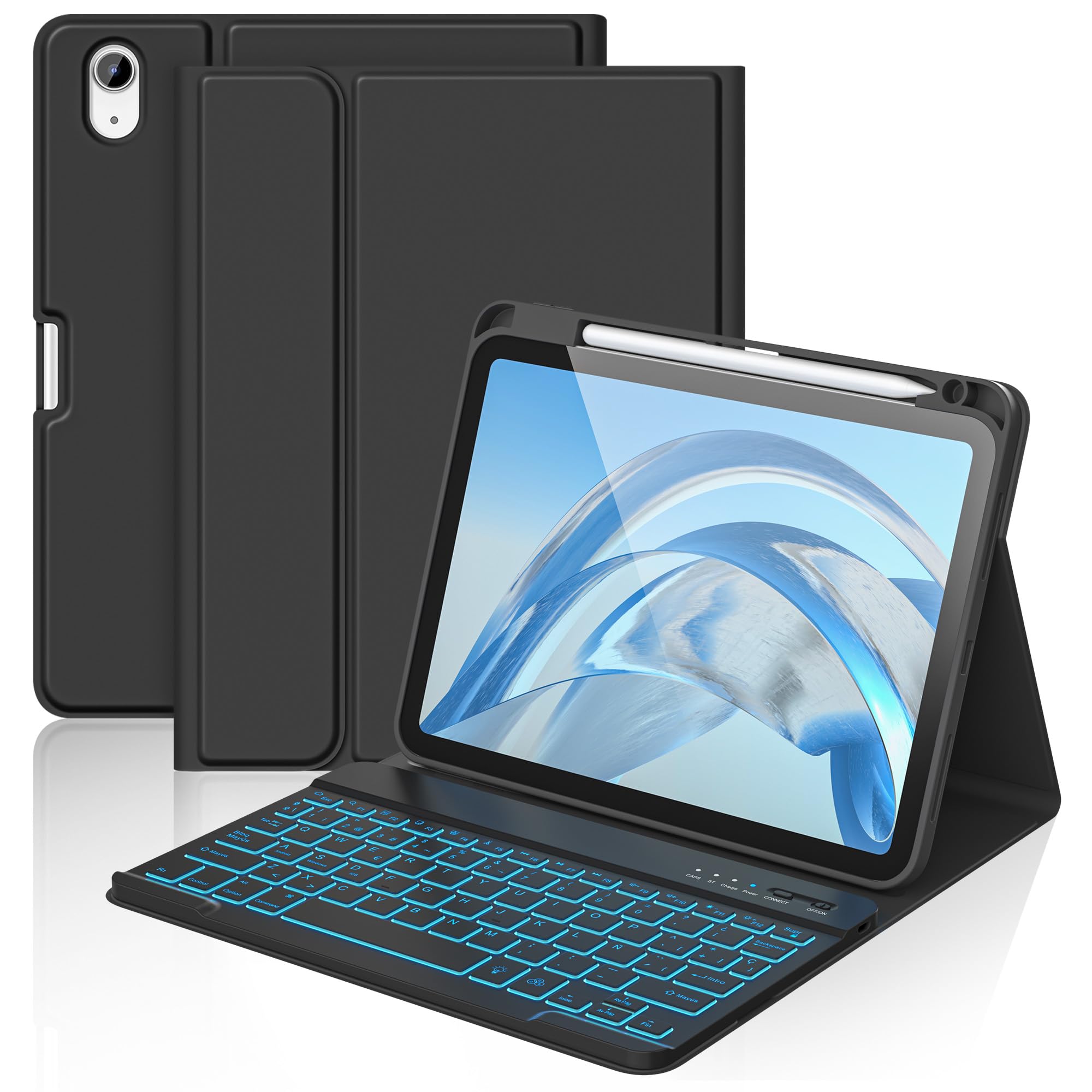 aMZCaSE para iPad A16 10/11th Generation Funda con Teclado 11/10.9 Inch(2025/2022),Funda con Retroiluminado de 7 Colores con Teclado Inalámbrico Desmontable con Soporte para Bolígrafo (Negro)