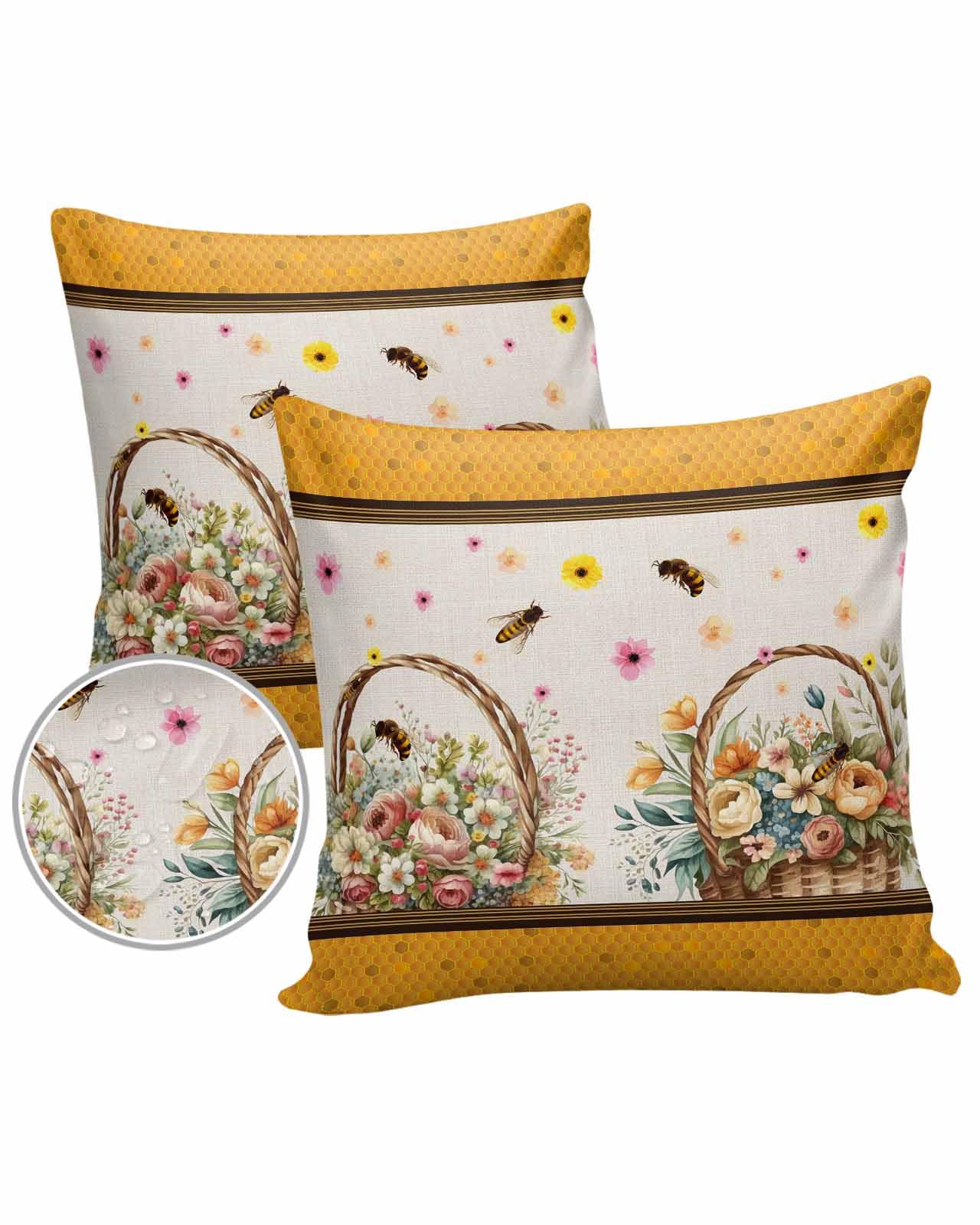 Floral Bee Outdoor Pillow Cover 20x20 Inch Cushion Sham Case,Waterproof Decorative Square Throw Pillowcase for Outside Garden Patio Porch Couch Chair Tent Orange Spring Summer Farmhouse Botanical