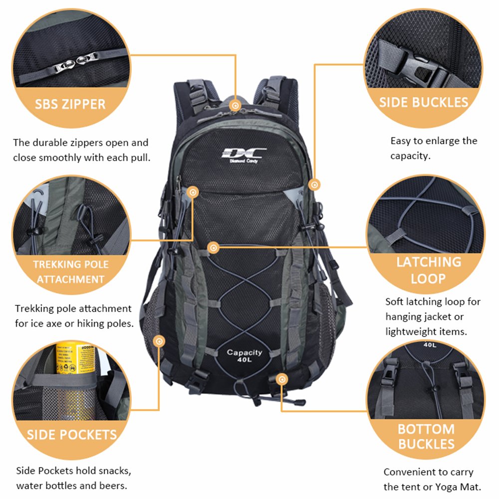 Mochila ultraligera, impermeable, ideal para senderismo, escalada, actividades en exteriores, viaje a bicicleta, montar a caballo y viajar, capacidad: 40 l, diseño Diamond Candy, color negro, tamaño Talla única | Gran capacidad, camping y viajes, parte tr