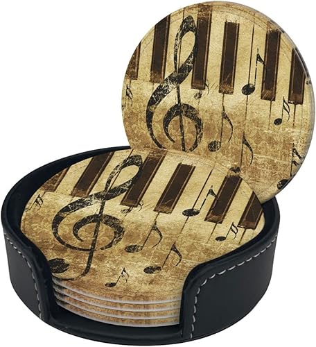 Miniatura 2 de Famame 6 posavasos de cuero para bebidas con soporte grunge retro piano notas musicales, juegos de posavasos para mesa de bebidas, posavasos para