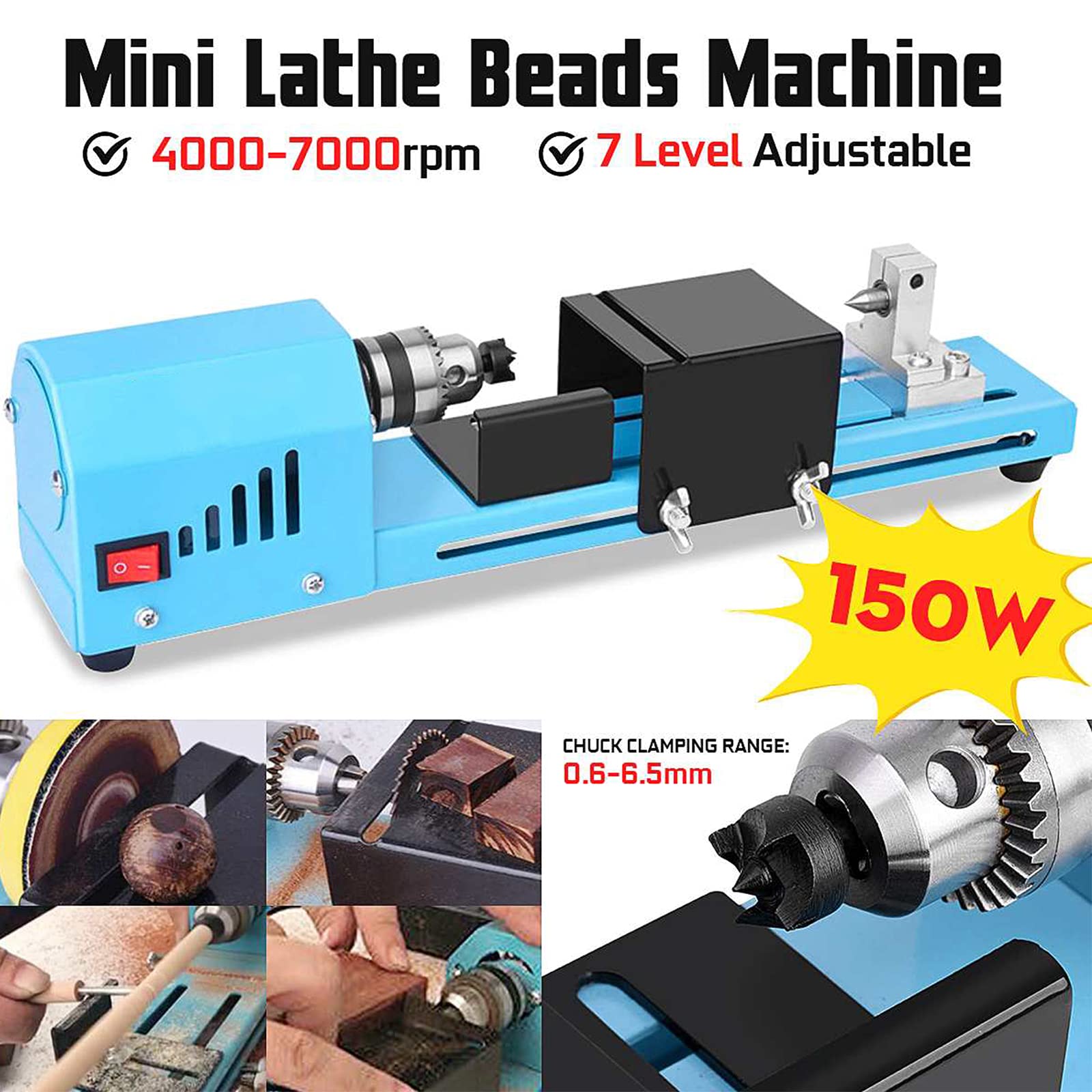 Mini máquina de torno 12V-24VDC 150W Mini máquina pulidora de perlas de torno DIY Mini torno portátil para trabajar la madera Perlas de pulido Juego de herramientas rotativas de pulido Estándar de 7
