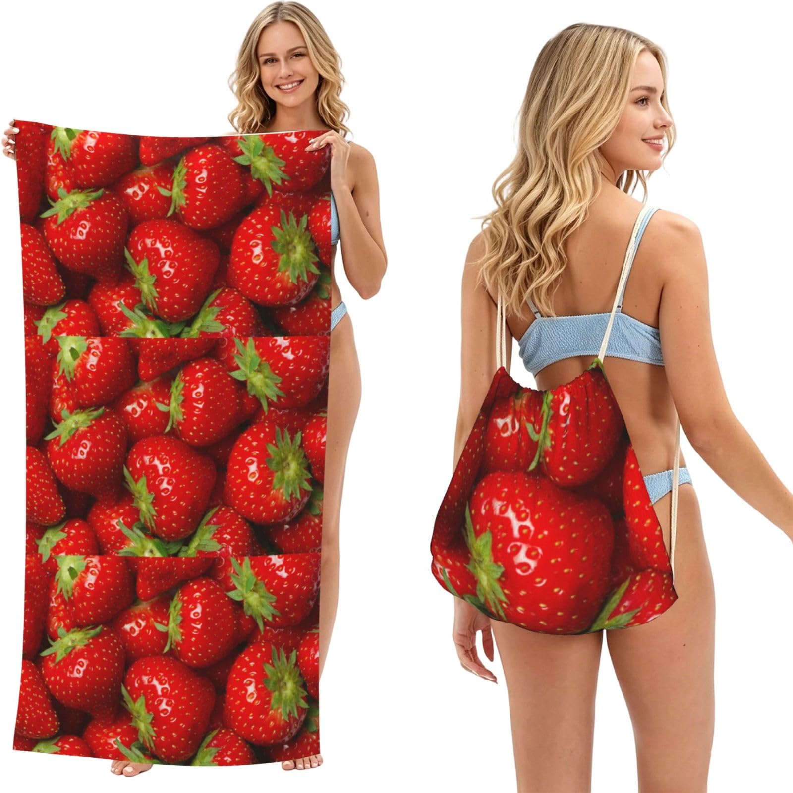 Poadnly As Picture Red Strawberry Fruit, 2 In 1 Packable Towel Bag, Beach Towels With Drawstring Backpack For Travel Holiday Camping