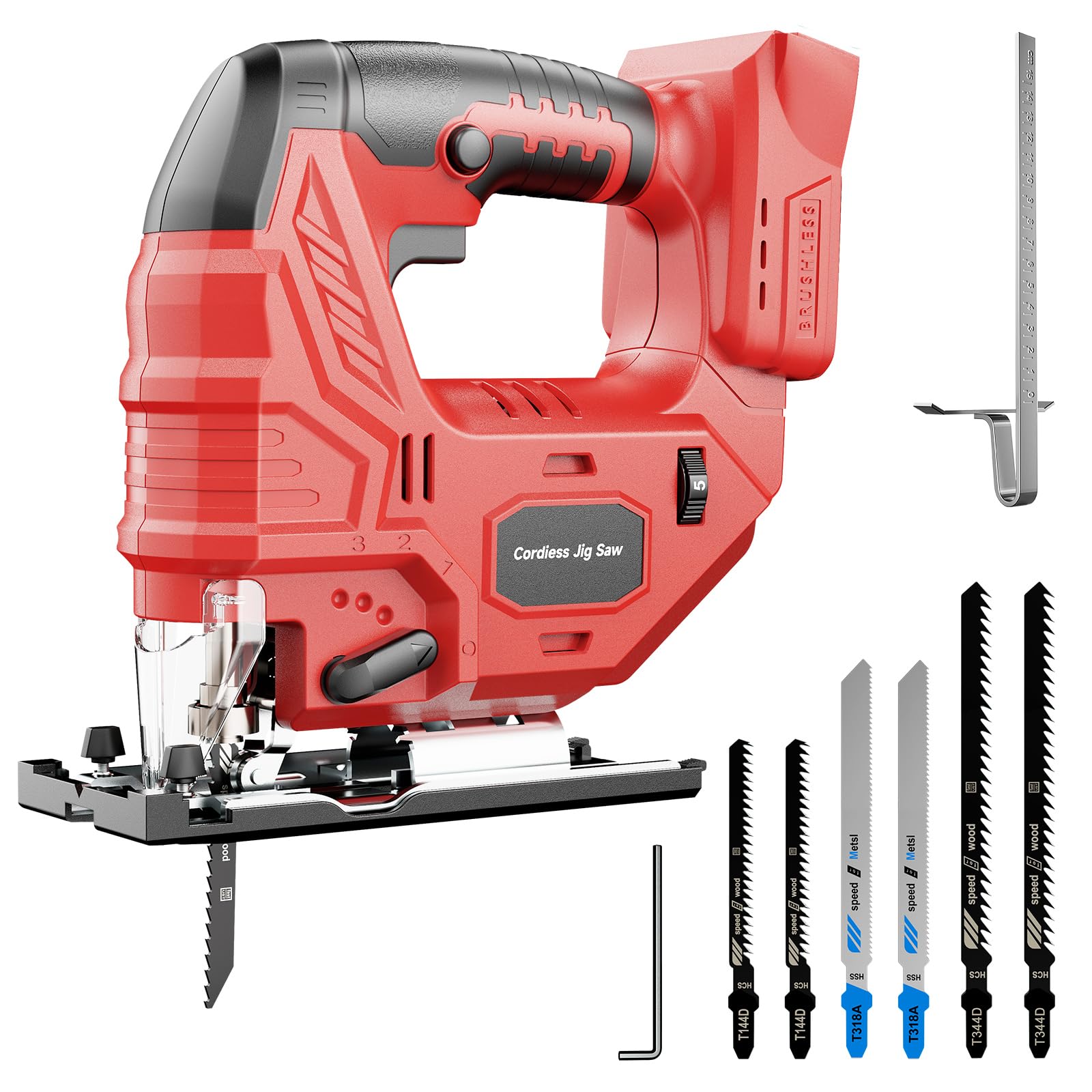 Cordless Jigsaw Compatible with Milwaukee 18V Battery, Brushless Motor, 7-Speed Variable Control, 3200 RPM, 800W Power, Guide Rail, 0–45° Bevel, LED Light, 6 Blades (Tool Only)