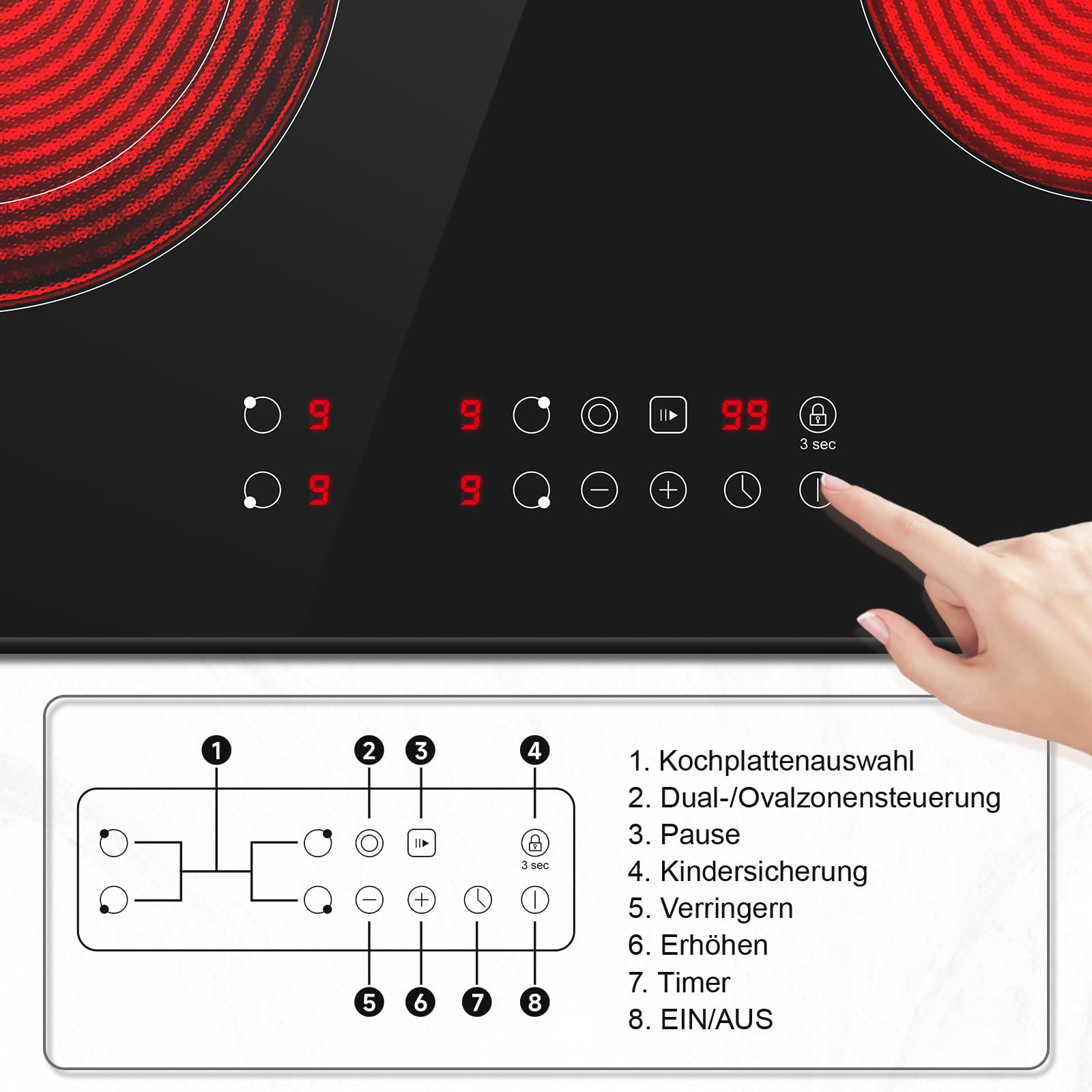 Aobosi Glaskeramikkochfeld 4 Platten 60cm,Herdplatte 4 Kochfelder mit Sensor-touch Control,9 Leistungsstufe,Dual-Zone und Bratzone, Pause-Funktion,6600W,Sicherheitsverriegelung,Timer - 3
