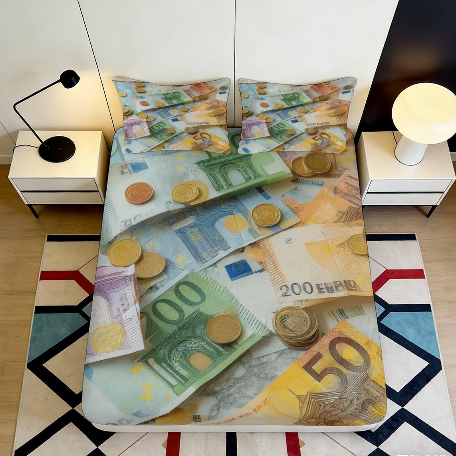 3D Printed Euro Banknotes Fitted Sheet Microfiber Soft Breathable Money Pattern Bed Cover for Bedroom Dorm Decor 90x200x25cm