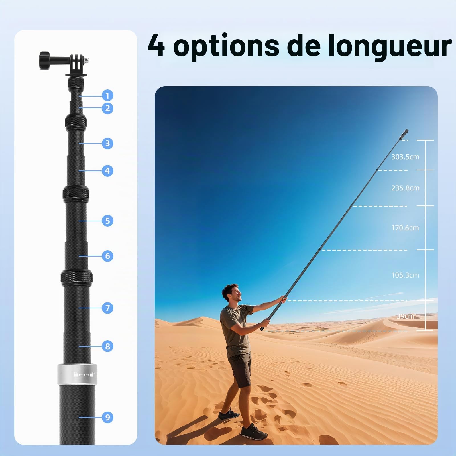 BRDRC Perche à selfie 3 m en fibre de carbone pour Insta360 ONE X5 X4 X3 X2 RS et DJI OSMO 360 (avec adaptateur Go Pro, sac de rangement)