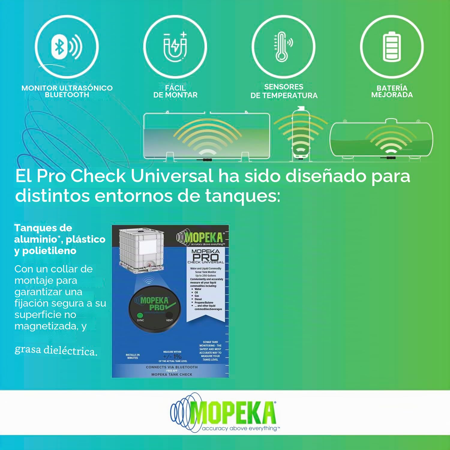 Mopeka Pro Check - Sensor Universal Ultrasónico Bluetooth Para Tanques De Aluminio, Plástico Y Polietileno Perfecto Parrillas Propano, Agua Campistas Nivel
