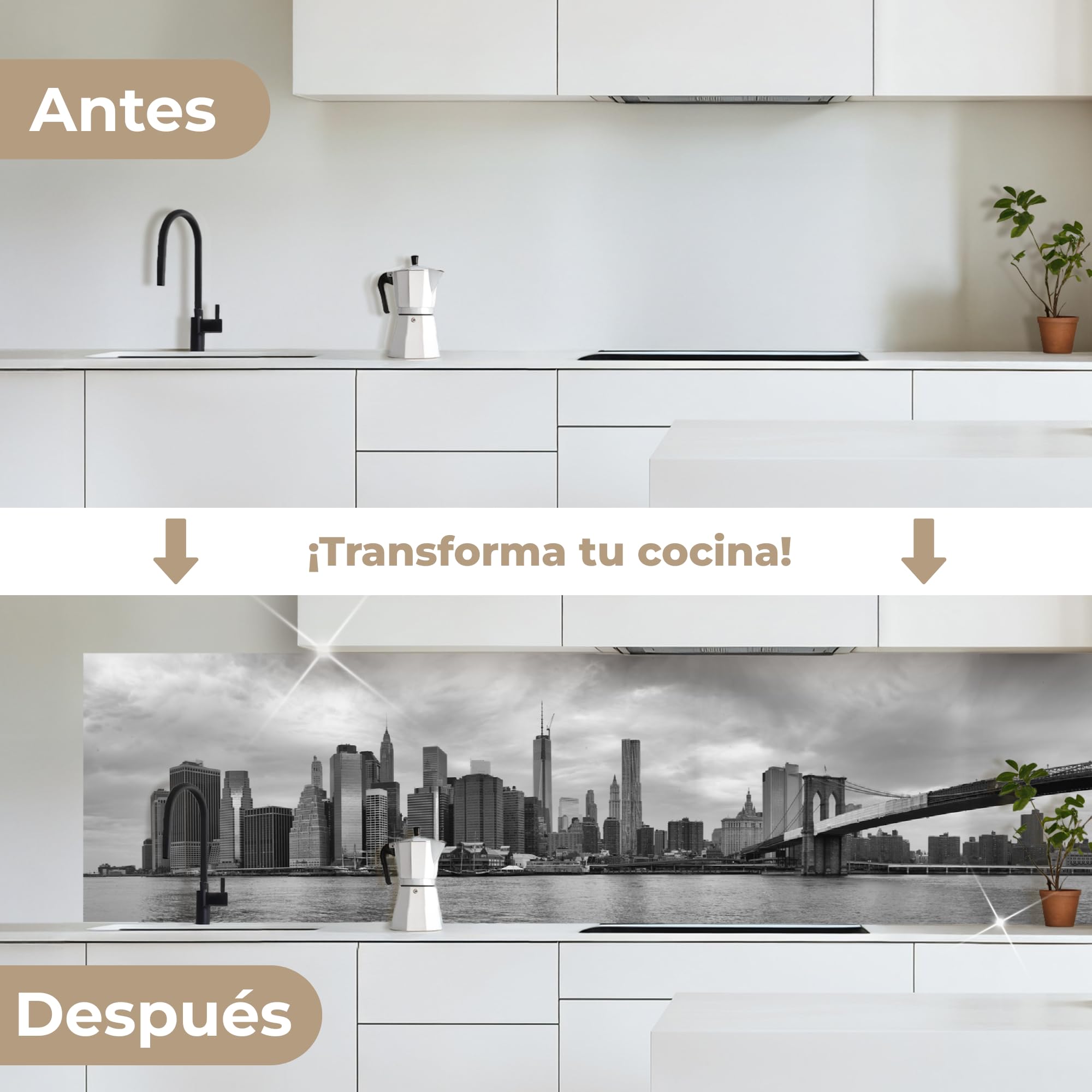 KitchenYeah© Antisalpicaduras Cocina 80x300 cm Adhesivo Salpicadero Protector Pared Salpicaduras Revestimiento Skyline - Puente - Edificios - Incoloro