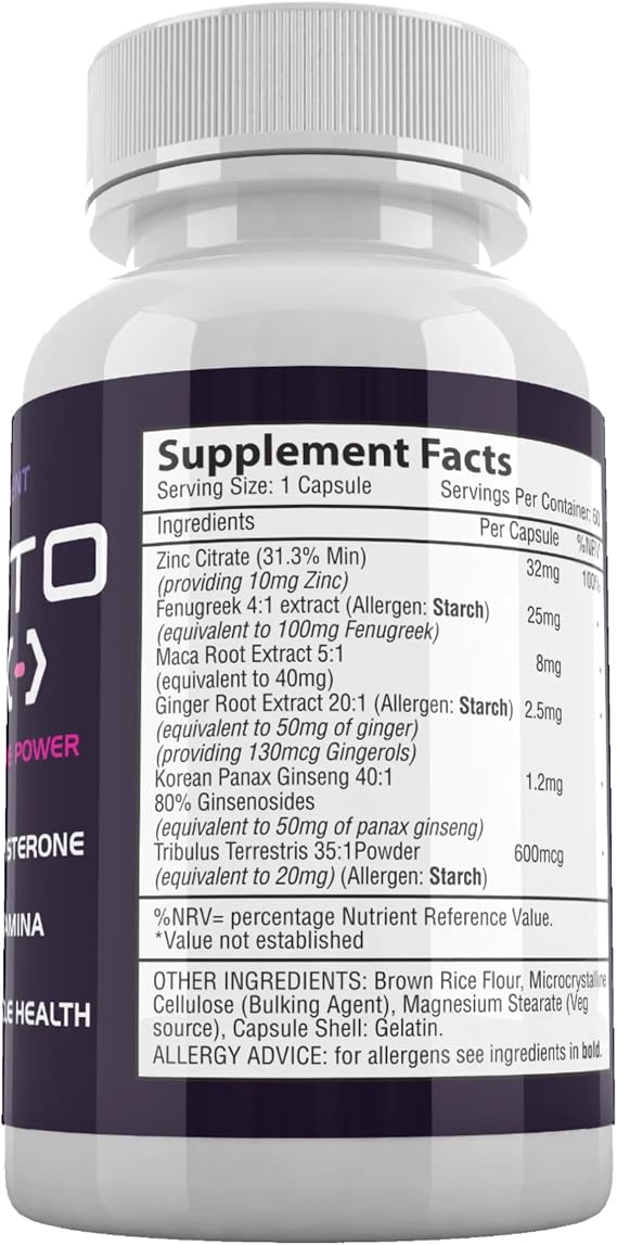 TESTO Link Food Supplement for Men – Zinc with Fenugreek, Maca Root, Ginger, Korean Panax Ginseng & Tribulus – 1 Month Supply