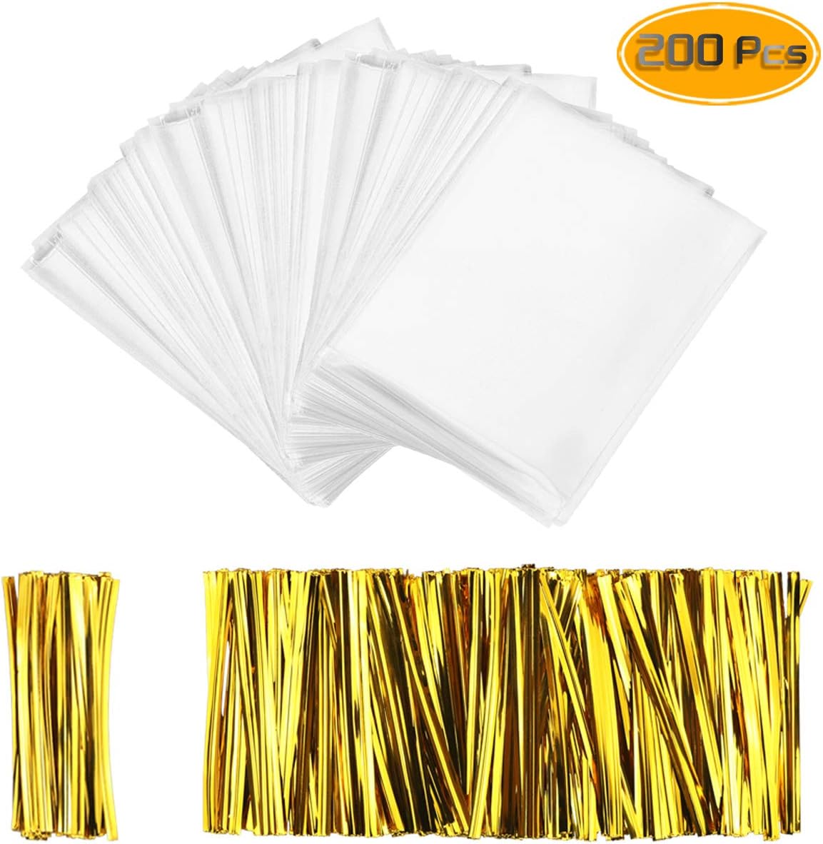 Oruuum 200 Pcs Thick OPP Food Packaging Bag, Transparent Food Storage Bag With Gold Rope - 2.44mils-Double deck, Transparent Plastic Bag For Lollipop Chocolate Biscuit (4'' X 6'').