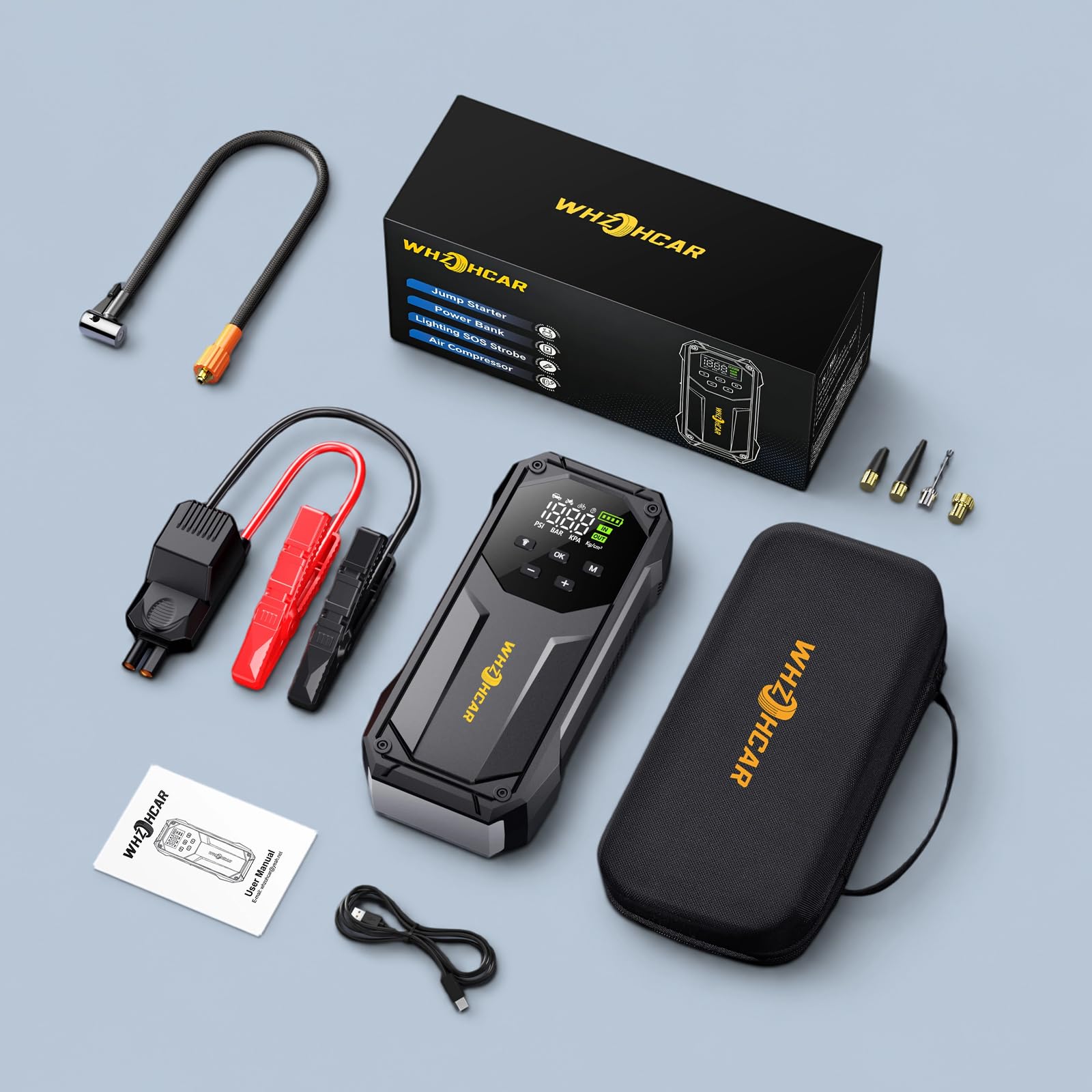 Avviatore Batteria auto 160PSI 9000A Booster Avviamento | WHZOHCAR Avviatore Emergenza per Auto 12V（Tutti Gas /12L Diesel） Jump Starter con Ricarica Rapida Torcia 600 Lumen LED