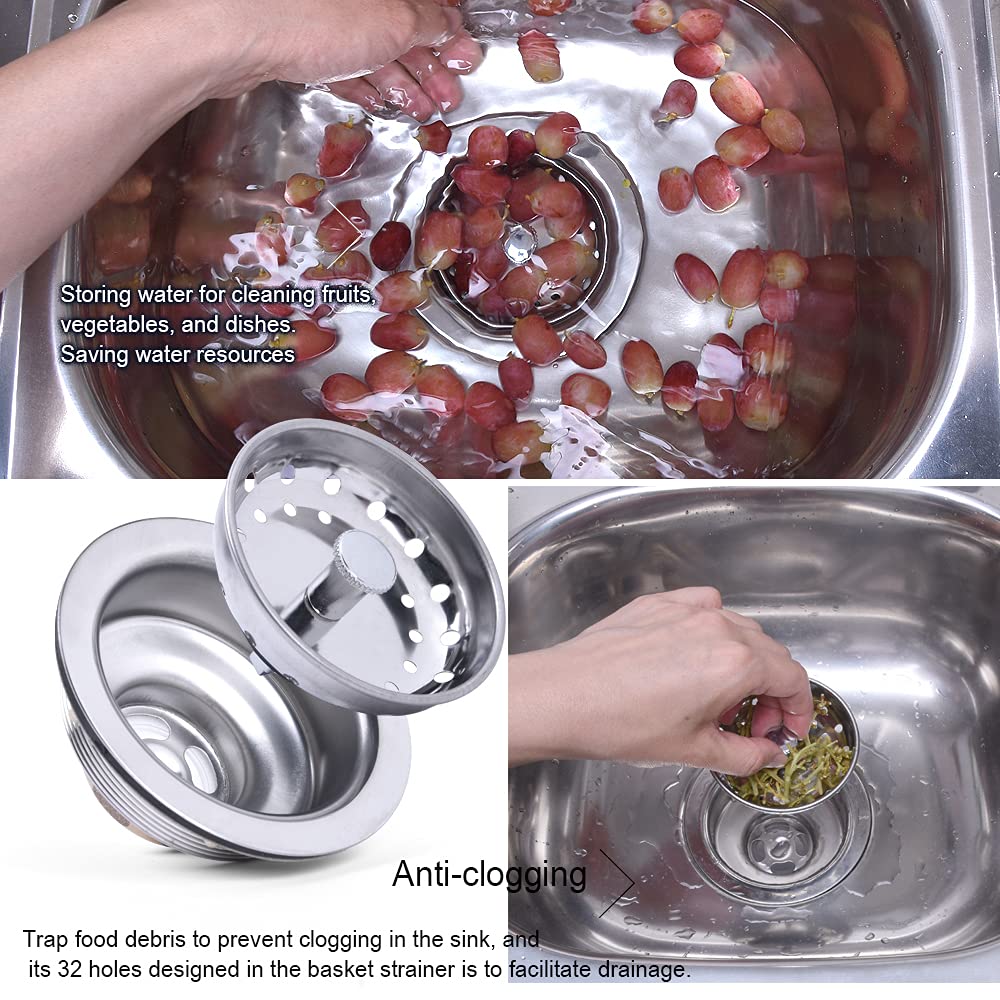 VARNAHOME Kitchen Sink Basket Strainer - 3.5 Inch 304 Stainless Steel Replacement With Rubber Stopper For US Standard Drains