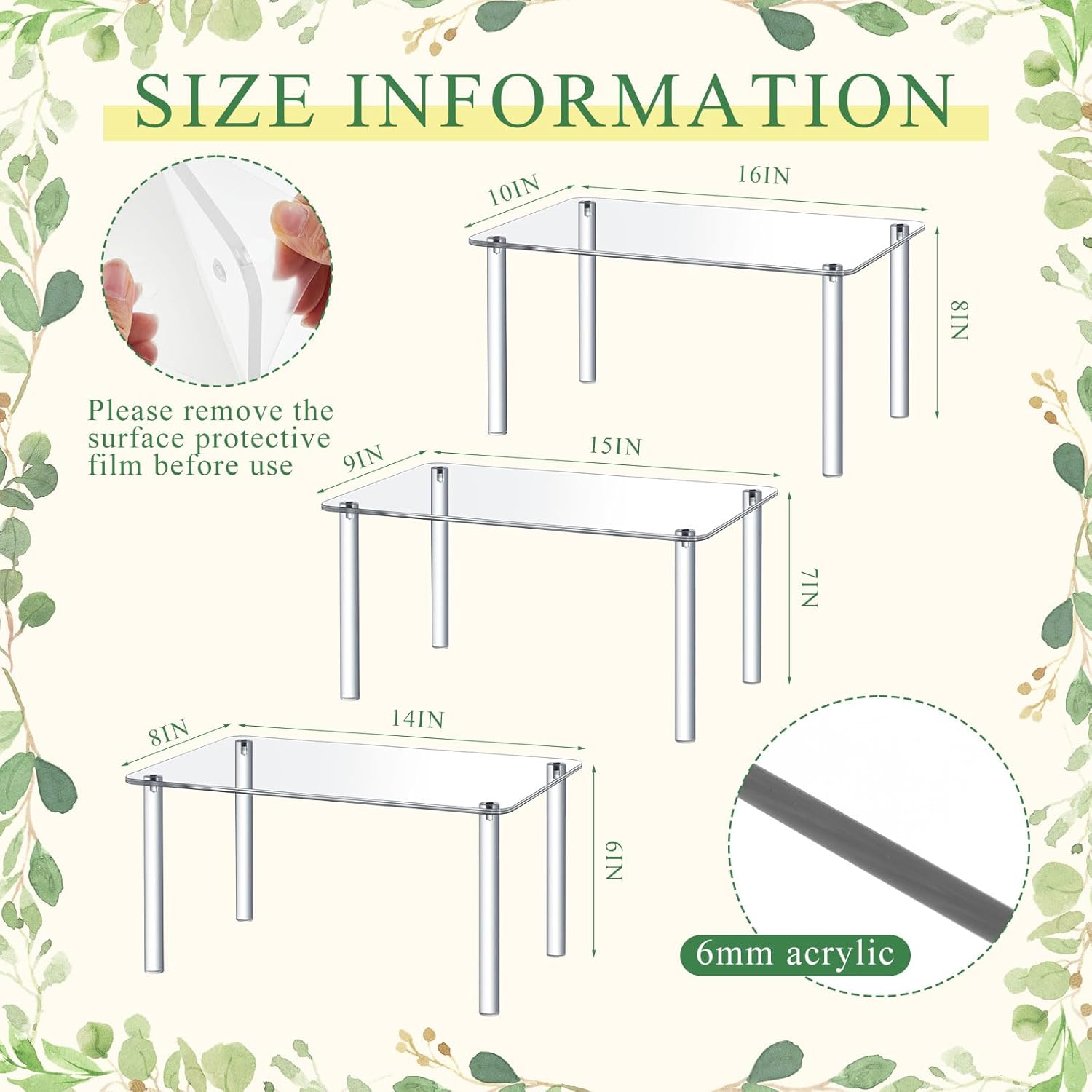 RattanView 3 Pcs 16, 15, 14 Inch Acrylic Risers Display Stands Rectangular 4-leg Acrylic Plant Stand, 6mm Thick Clear Shelf Riser Display Stands for Decor Collectibles Figures and Item Photography