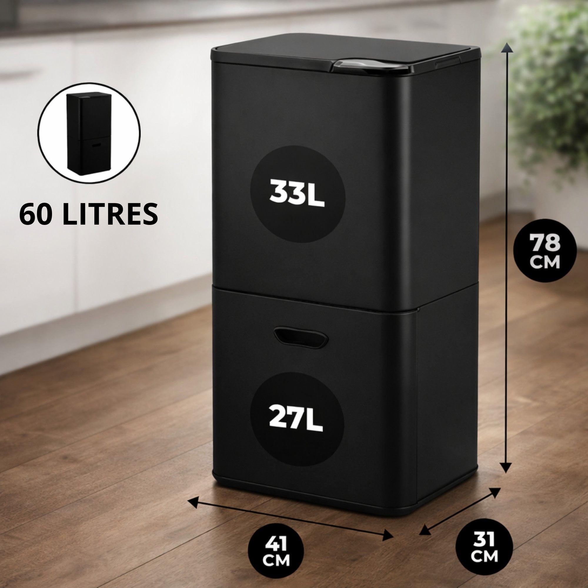 Bayt Poubelle De Tri Sélectif 60 L Pour La Cuisine - Poubelles De Cuisine À Double Bac De 60 Litres Pour Le Tri Des Déchets | Poubelle Verticale En Acier Inoxydable Noir Mat