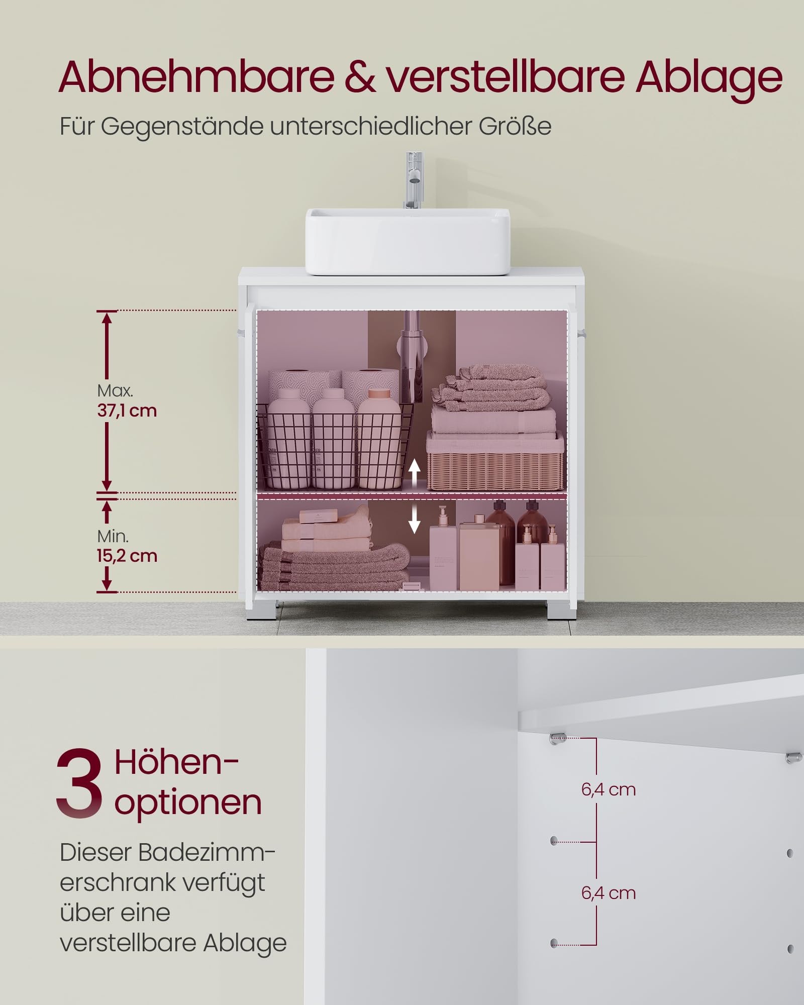 VASAGLE Waschbeckenunterschrank, Badezimmerschrank, 2 Fächer hinter den Türen, für Waschbecken ohne Säule, Badezimmer-Unterschrank mit Füßen, 30 x 60 x 60 cm, wolkenweiß BBK505W01
