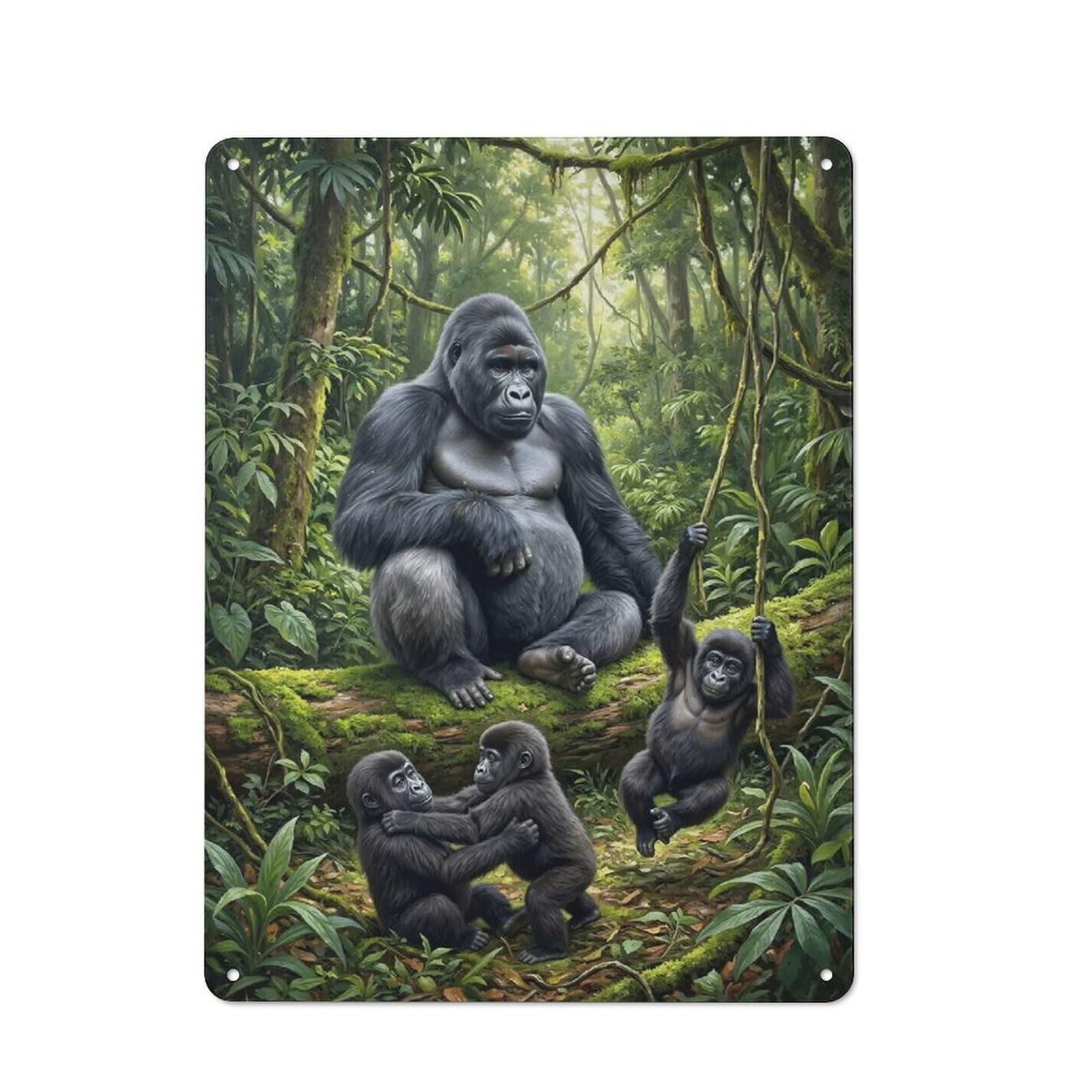 Gorilla Family in Lush Jungle Warehouse Style Metal Wall Decor 40x30cm, Tin Wall Sign for Modern Home, Workshop, Office Or Cafe