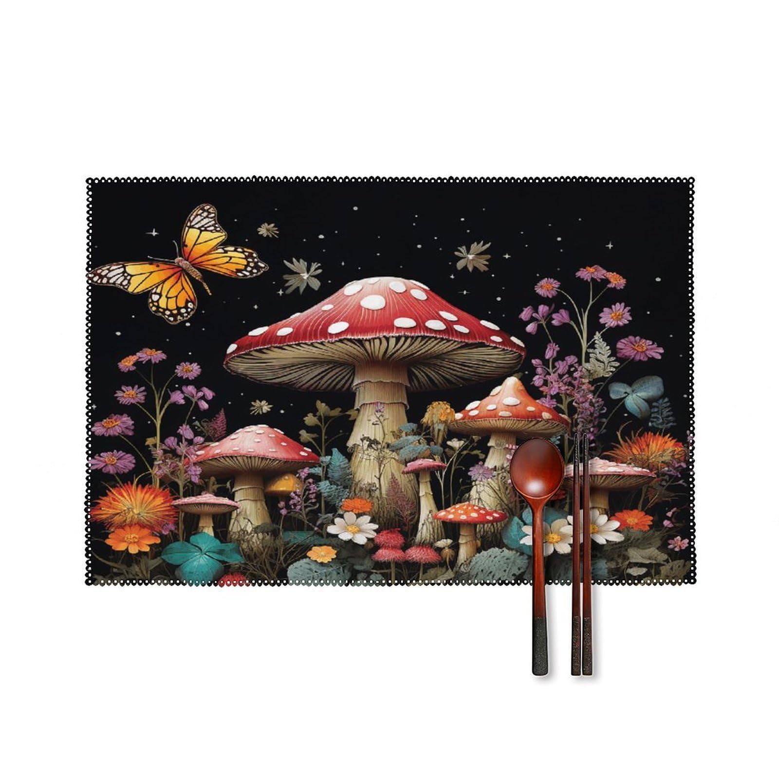 Mushrooms And Butterflies on Black Background Placemats Set of 6 Heat Resistant Non-Slip Place Mats Washable Wipeable Table Mats Elegant Farmhouse Placemat for Kitchen Dining Outdoor Party Table Decor