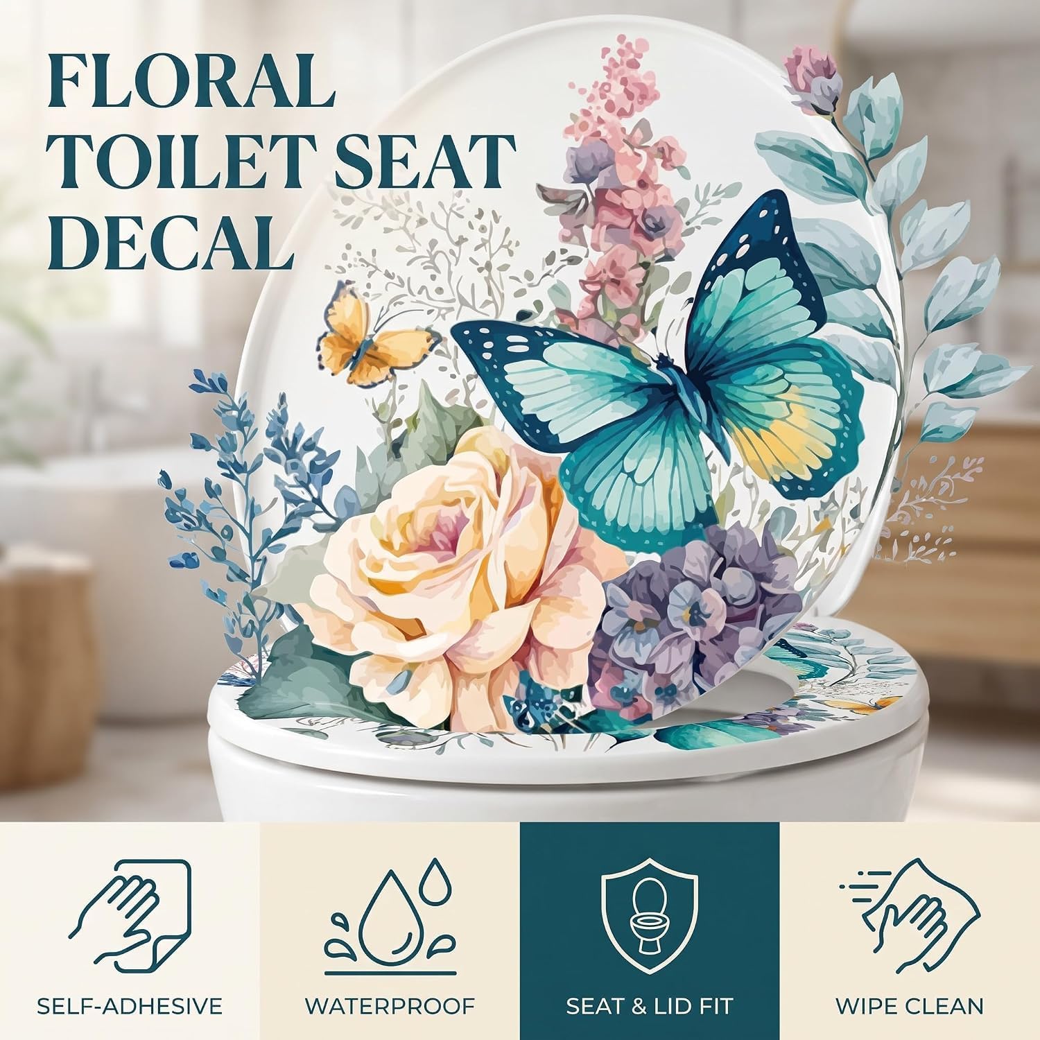 Toilet Stickers, Peony Butterflies Bathroom Toilet Seat Lid Cover Decals Waterproof Self-Adhesive Wall Sticker Toilet Lid Decals for Bathroom Accessories