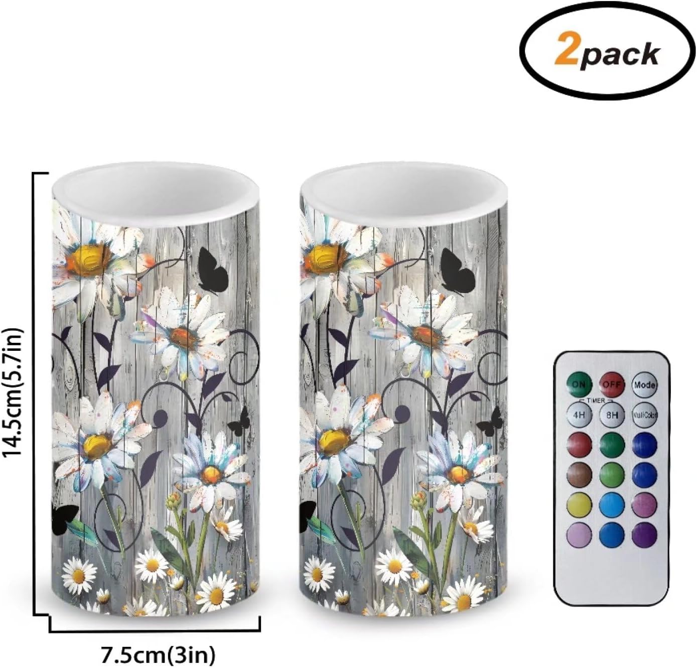 Daisy Wood Flameless Candles 2 Pack 6 x 3 inch Battery Operated Candles with Multicolor Timer Remote Control LED Fake Candles for Warm Light Dinner Table Home Decor