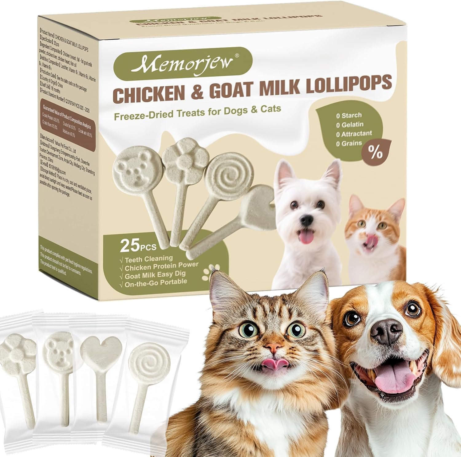 Memorjew 25PCS Chicken & Goat Milk Freeze- Dried Lollipops｜Individually Wrapped, Portable Dental Food for Dogs & Cats (Goat Milk Flavor, 25pcs)