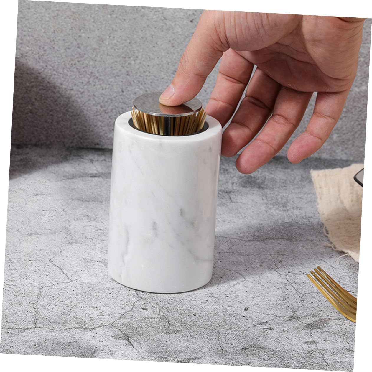 IMIKEYA Marble Toothpick Holder Automatic Pressure Storage Box for Cotton Swabs and Toothpicks Stylish Home Adornment with Modern Marbling Pattern Practical Organizer for Living and