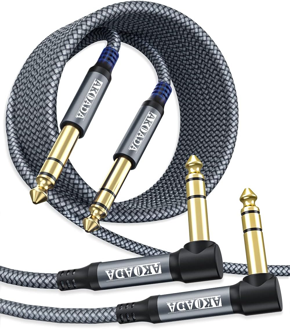 1/4 Inch TRS Instrument Cable (10ft 2Pack),Akoada Right Angle 6.35mm Male Jack Stereo Audio Interconnect Cord,Compatible for Bass,Keyboard,Mixer,Amplifier,Amp,Electric Guitar,Speaker