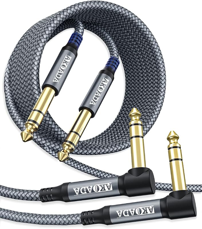 1/4 Inch TRS Instrument Cable (10ft 2Pack),Akoada Right Angle 6.35mm Male Jack Stereo Audio Interconnect Cord,Compatible for Bass,Keyboard,Mixer,Amplifier,Amp,Electric Guitar,Speaker
