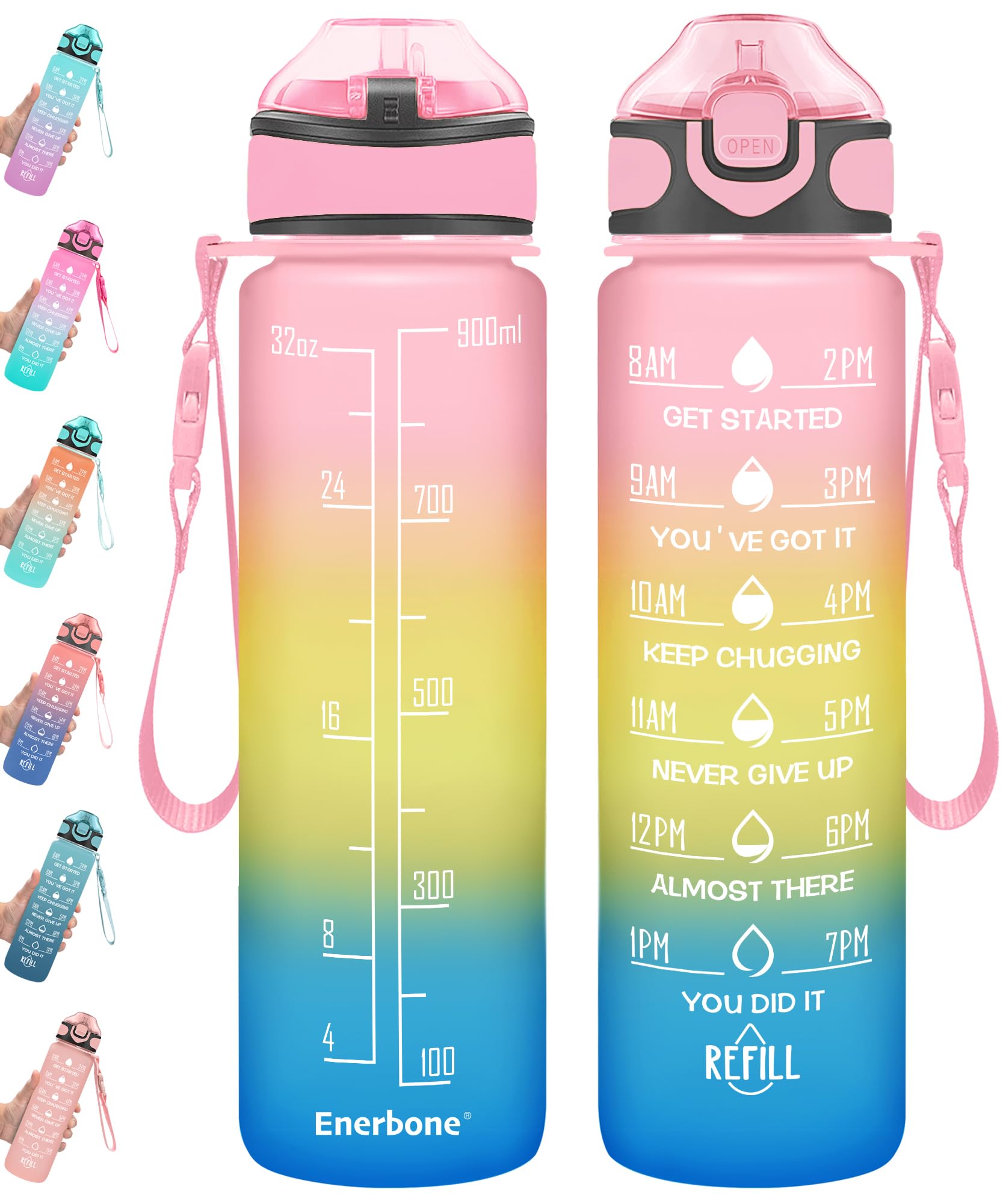 Enerbone 32 oz Drinking Water Bottle with Times to Drink and Straw, Motivational with Carrying Strap, Leakproof BPA & Toxic Free, Ensure You Drink