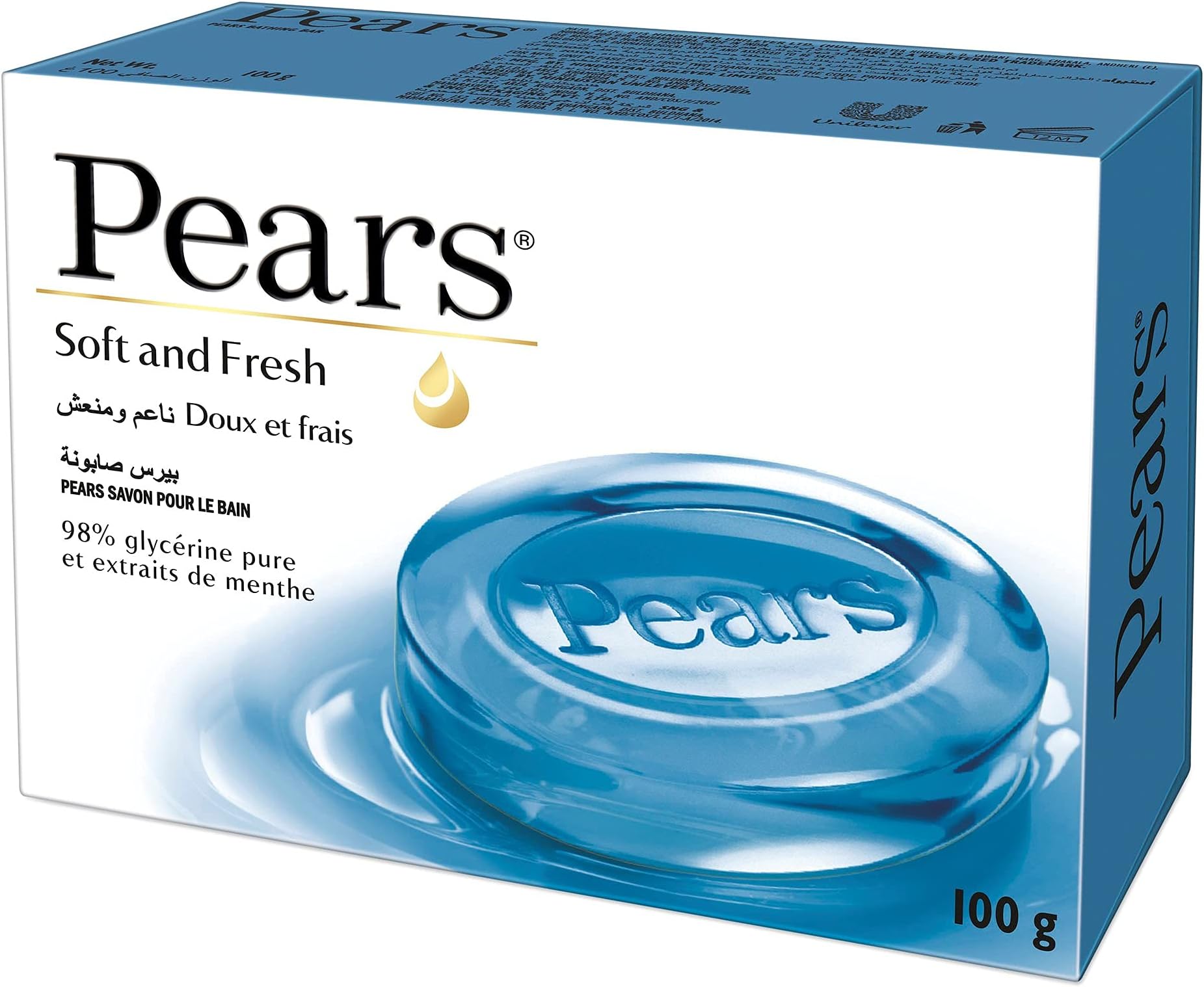 Pears Soft & Fresh Soap Bar with Mint Extract and 98% Pure Glycerin, Dermatologically Tested, Paraben Free, 125 gm